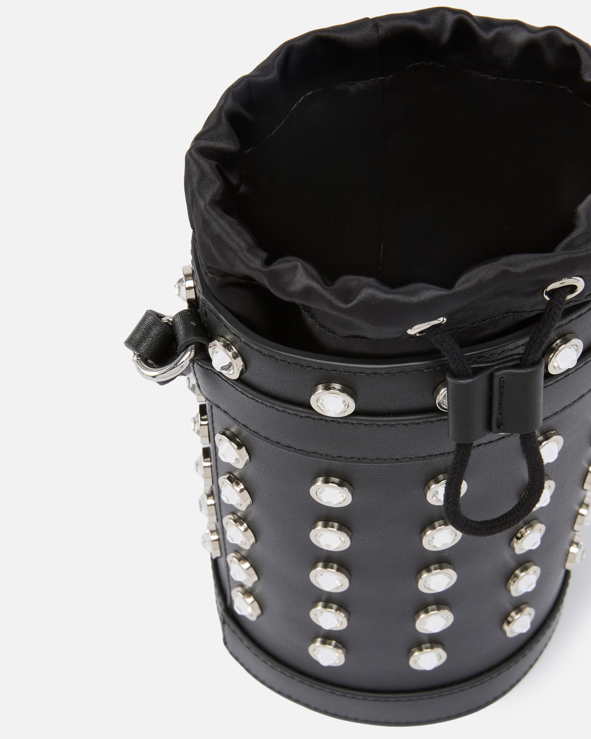Small leather bucket bag with rhinestones shoulder strap PINKO Black