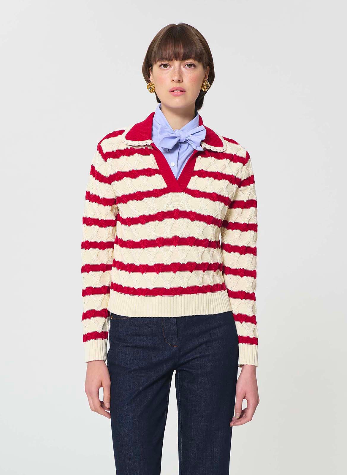 Straight V-neck striped cotton sweater TARA JARMON Red