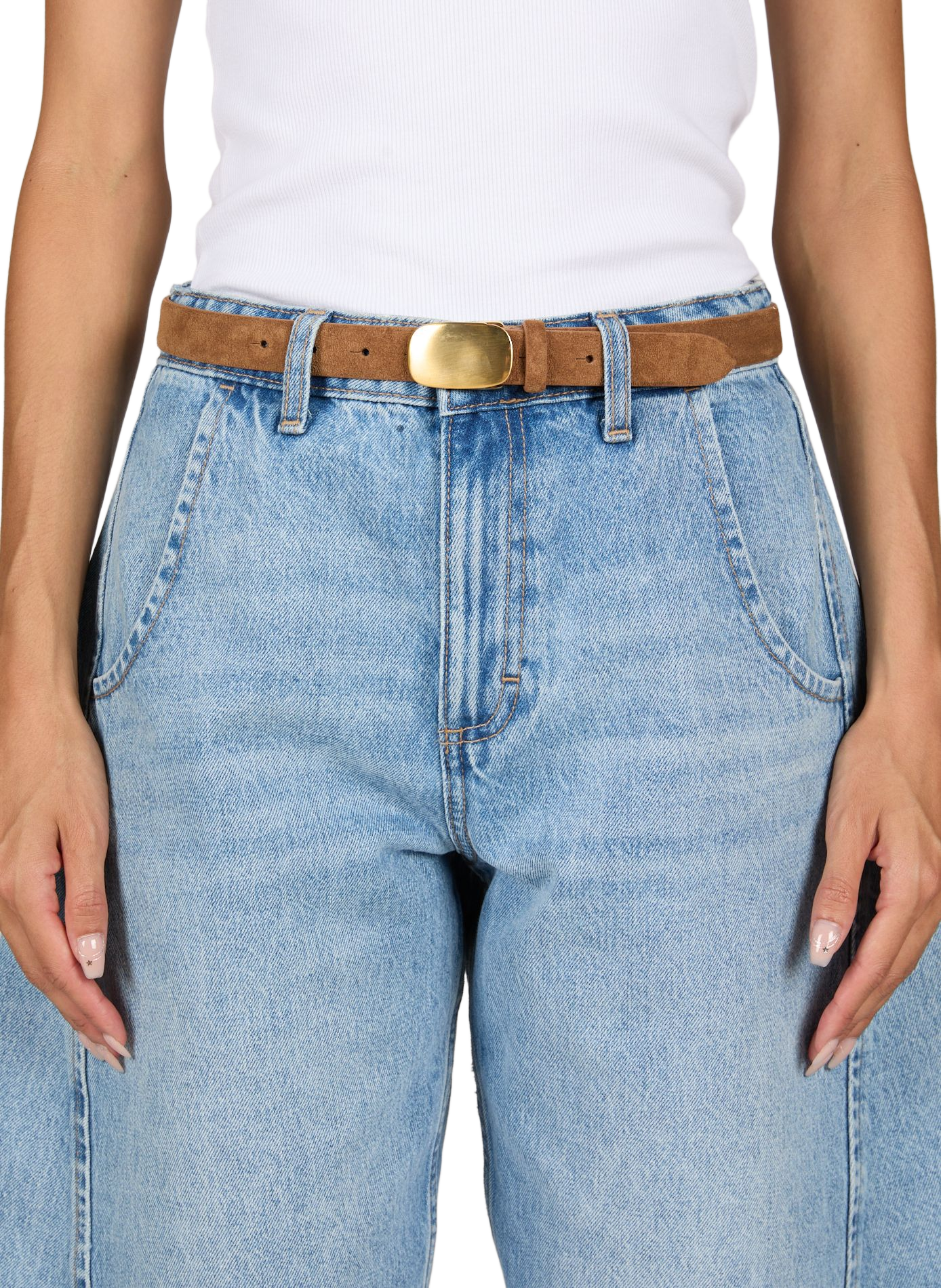Belt with plated buckle in suede leather SAISON 1865 Brown