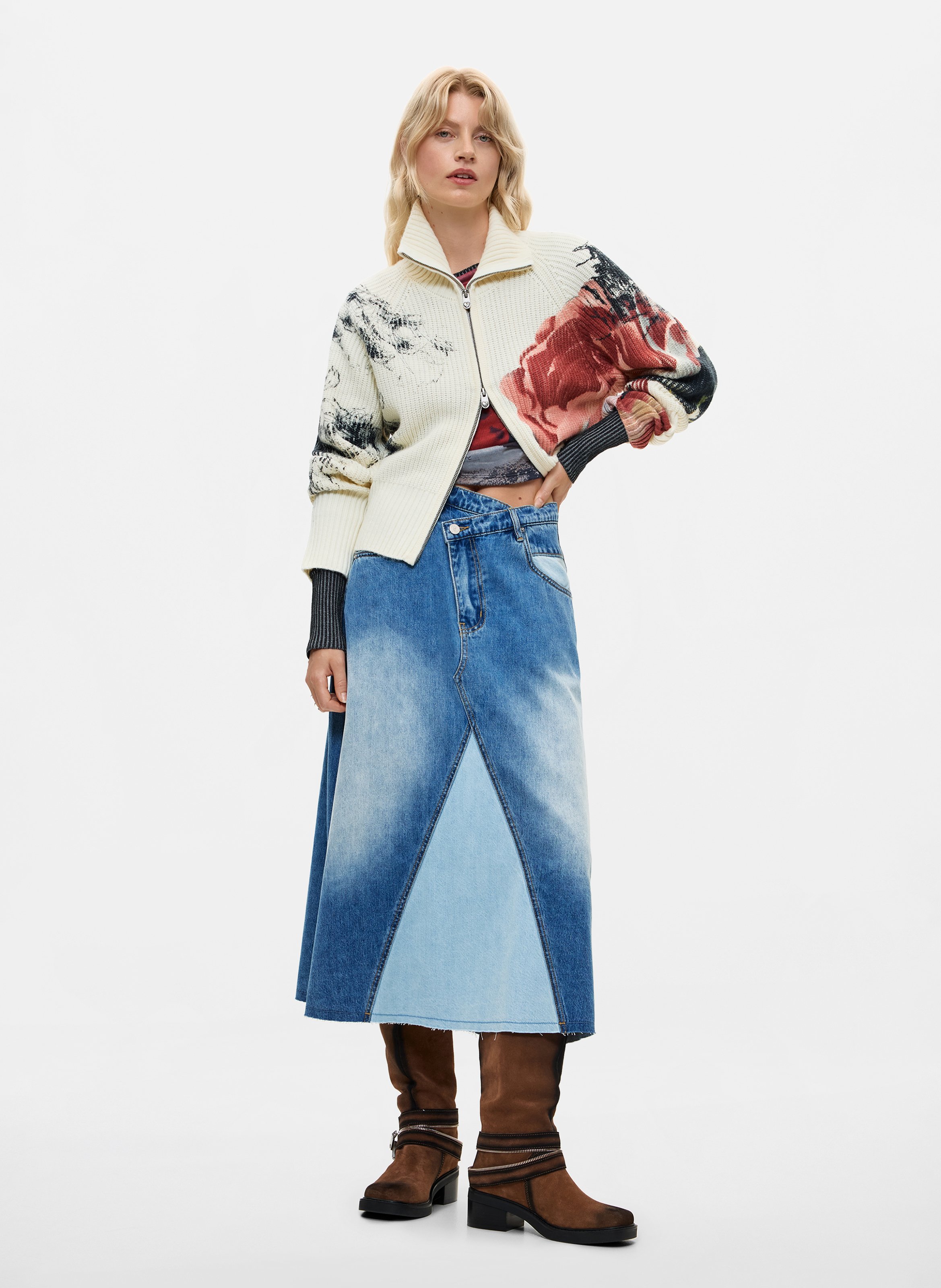 Jupe midi évasée en jean DESIGUAL Bleu