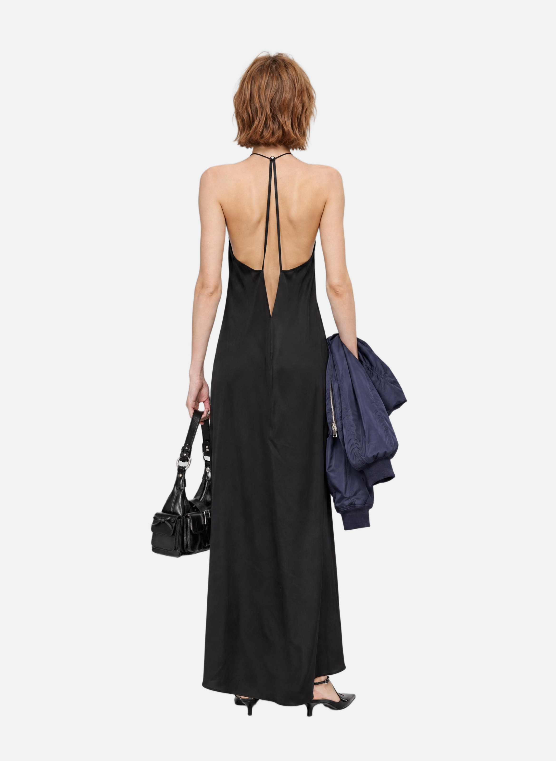 Black satin long dress with crossover back THE KOOPLES Black