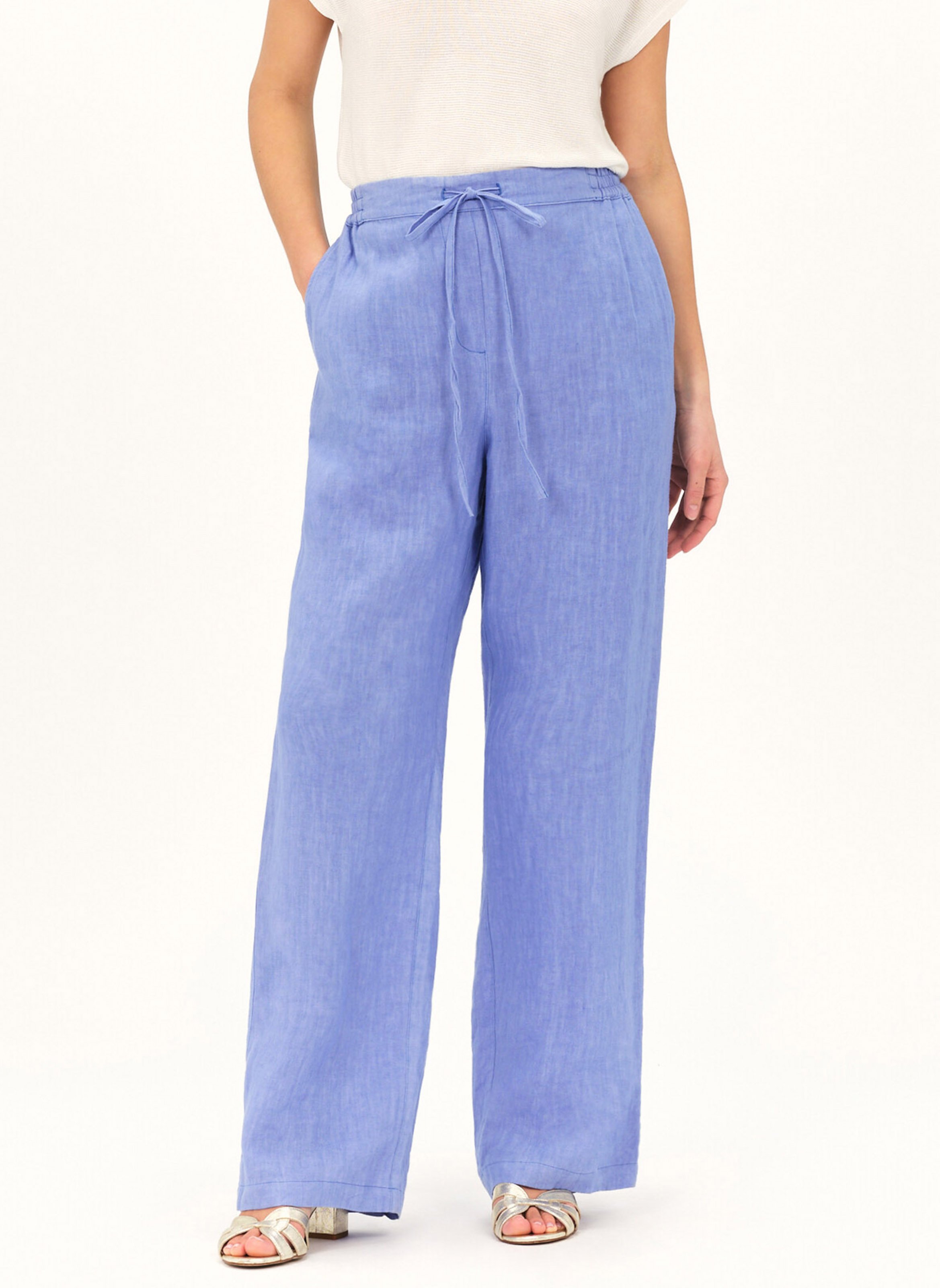 Pantalon large à liens en lin 241p-Pigment Bleuet Caroll Femme
