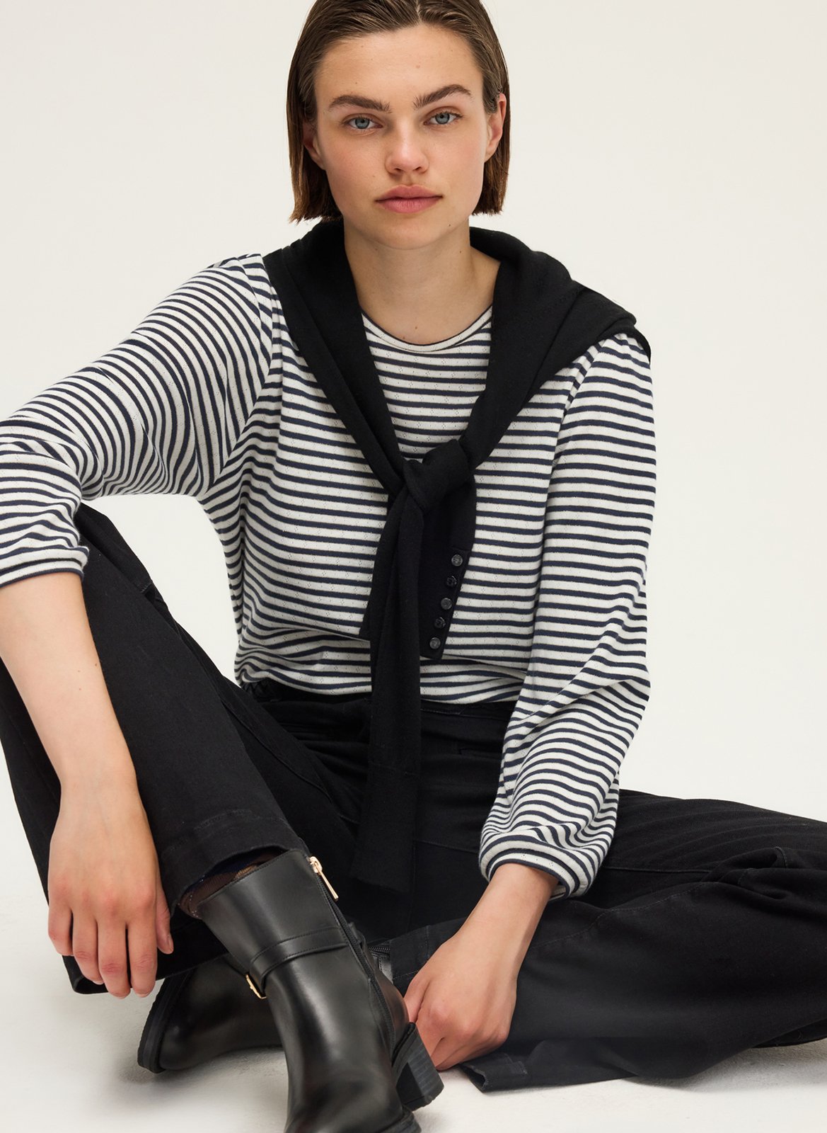 Tee-shirt droit col rond à rayures PABLO Bleu