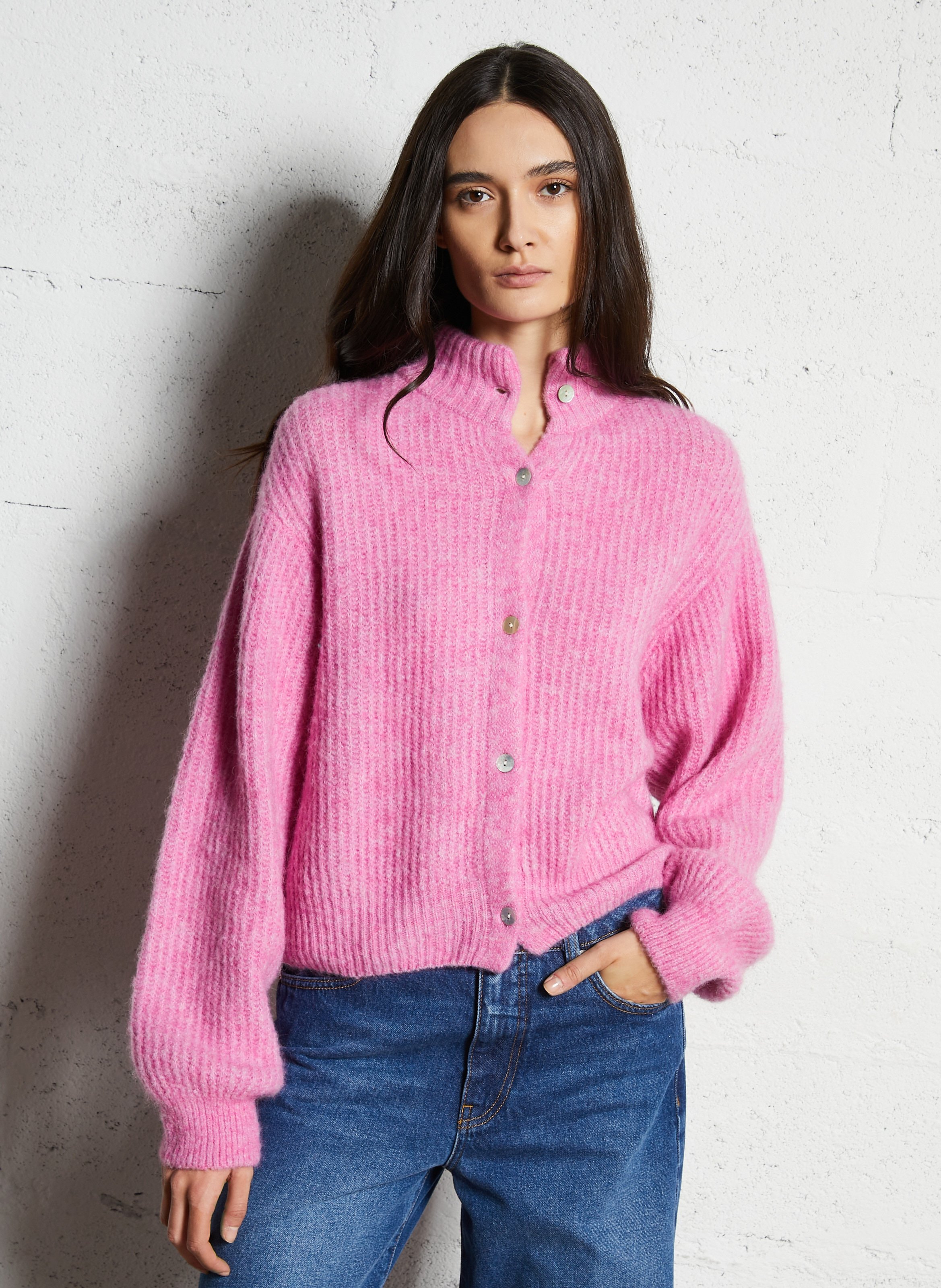 Gilet oversize col montant en maille AMERICAN VINTAGE Rose