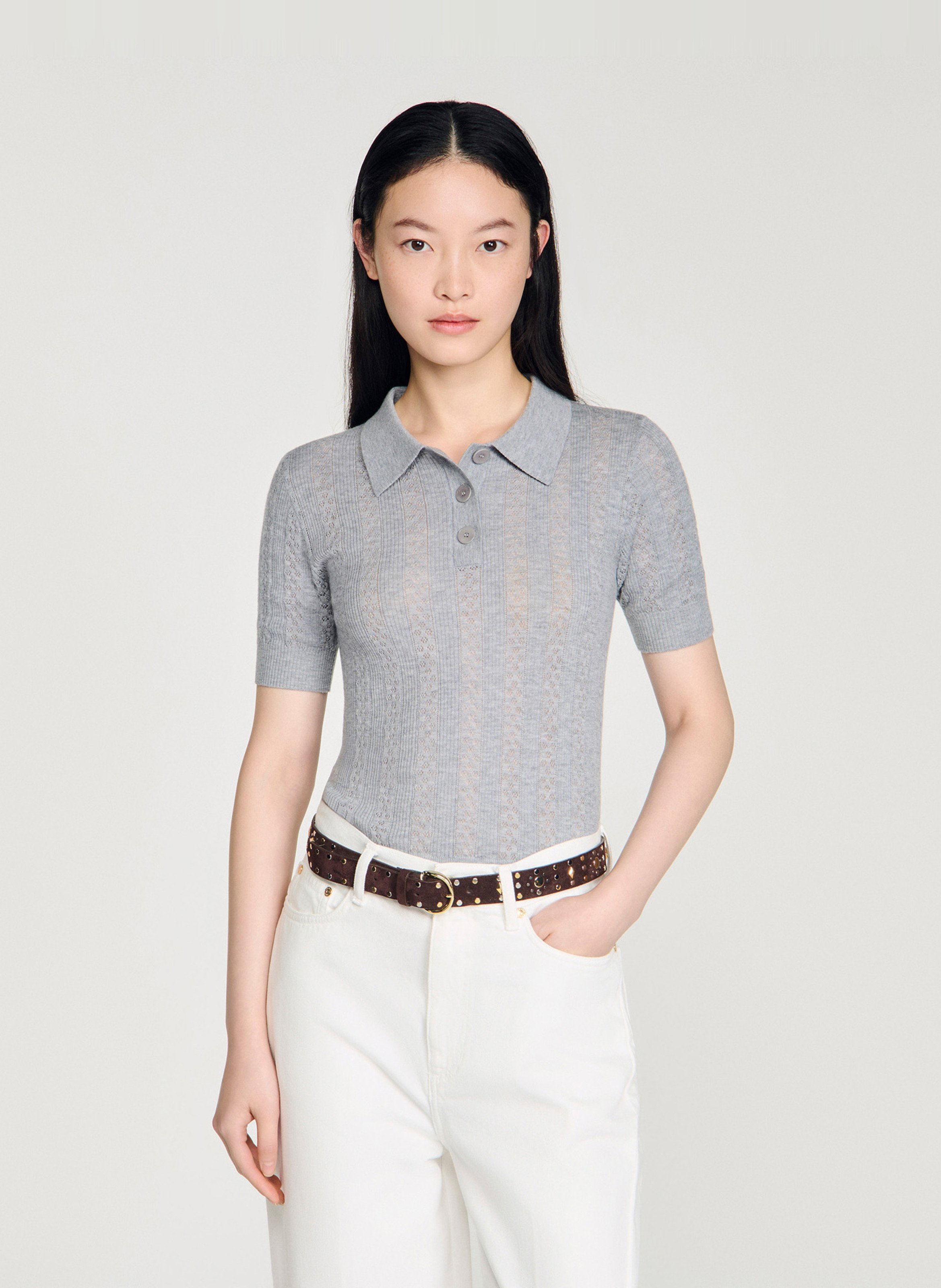 Pull col polo en laine SANDRO Gris