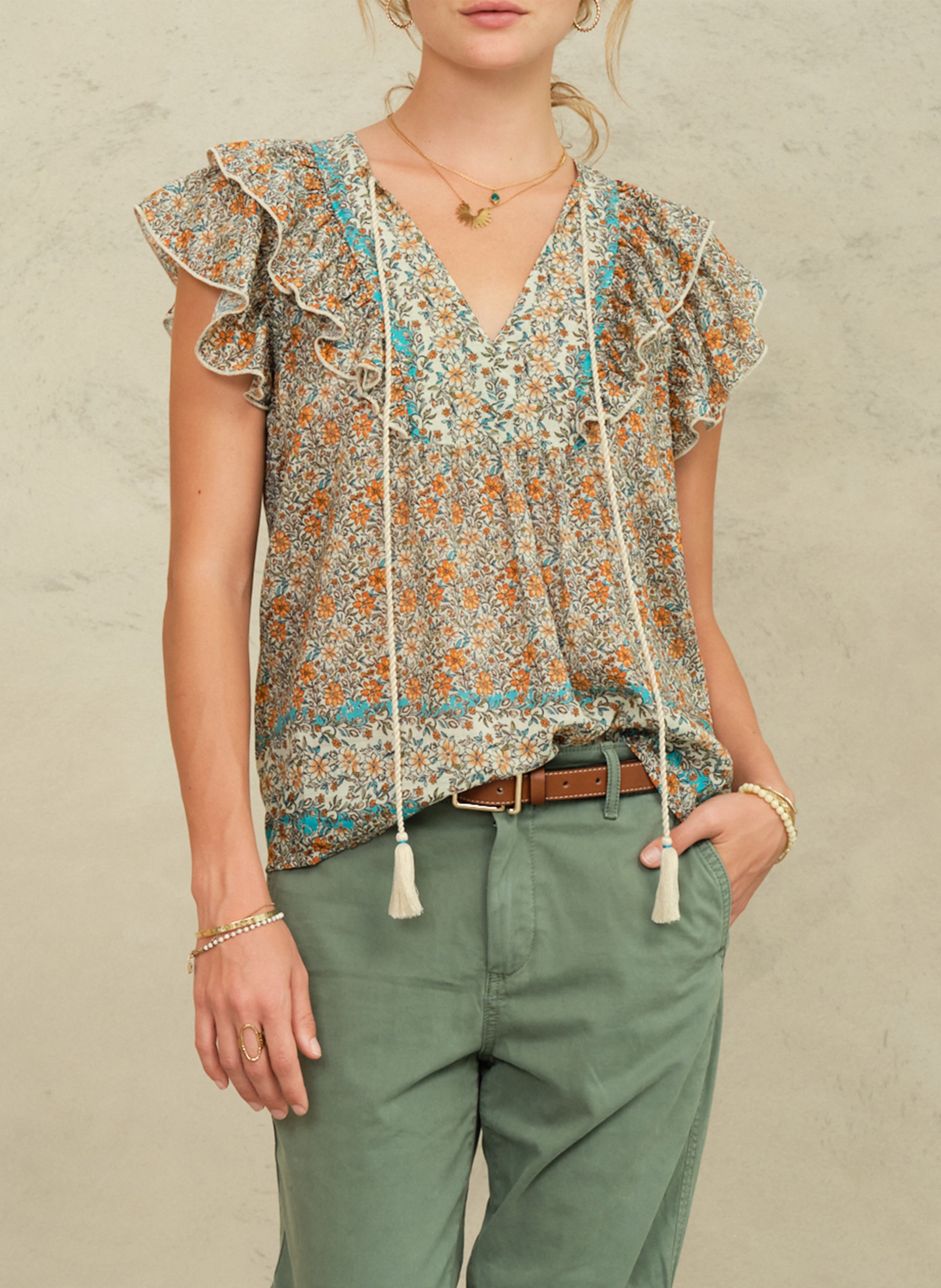 Top ample col V en coton imprimé M.A.B.E Multicolore