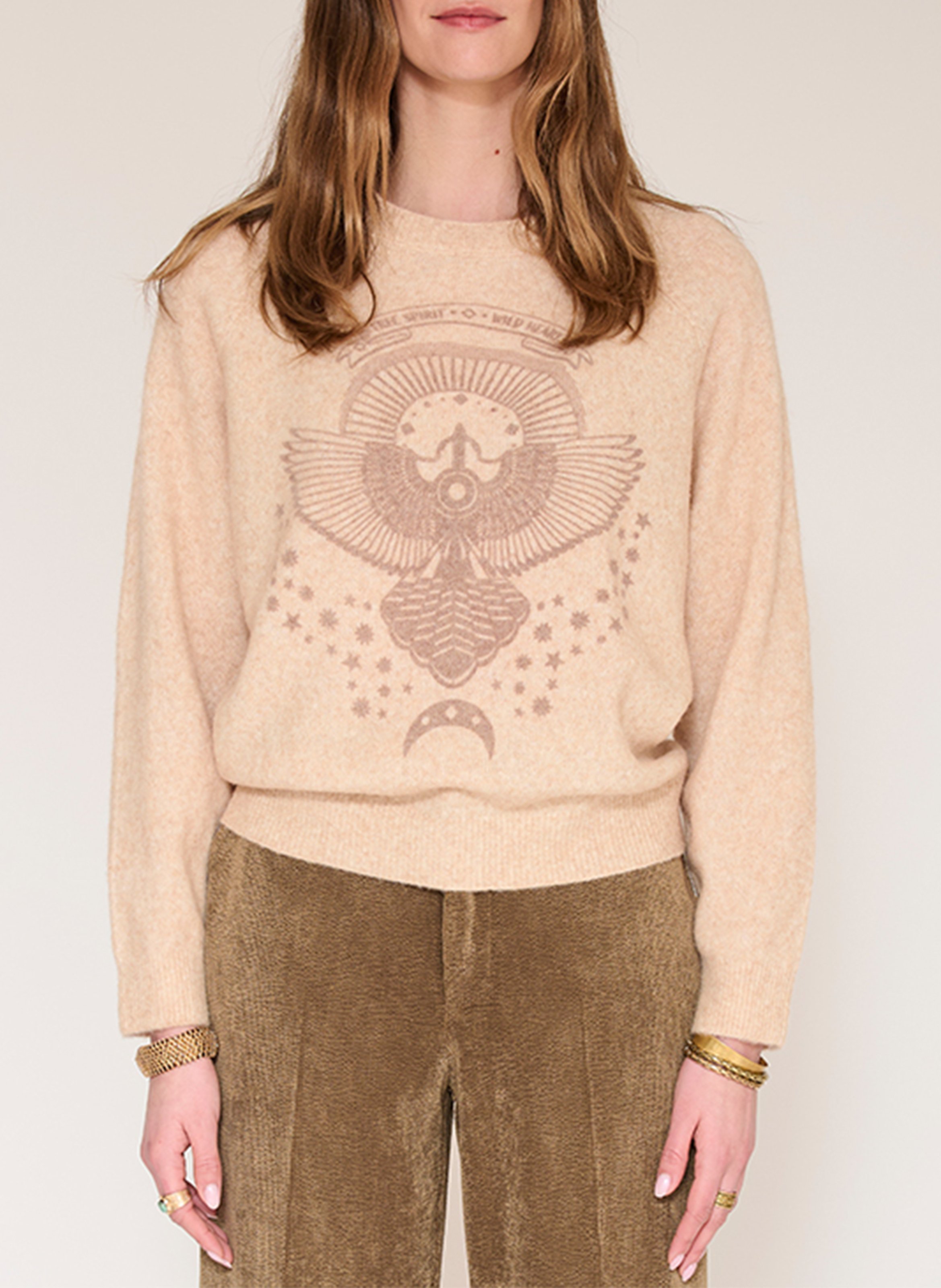 Bedruckter gerade geschnittener Wollmix-Pullover mit Rundhalsausschnitt MKT Beige