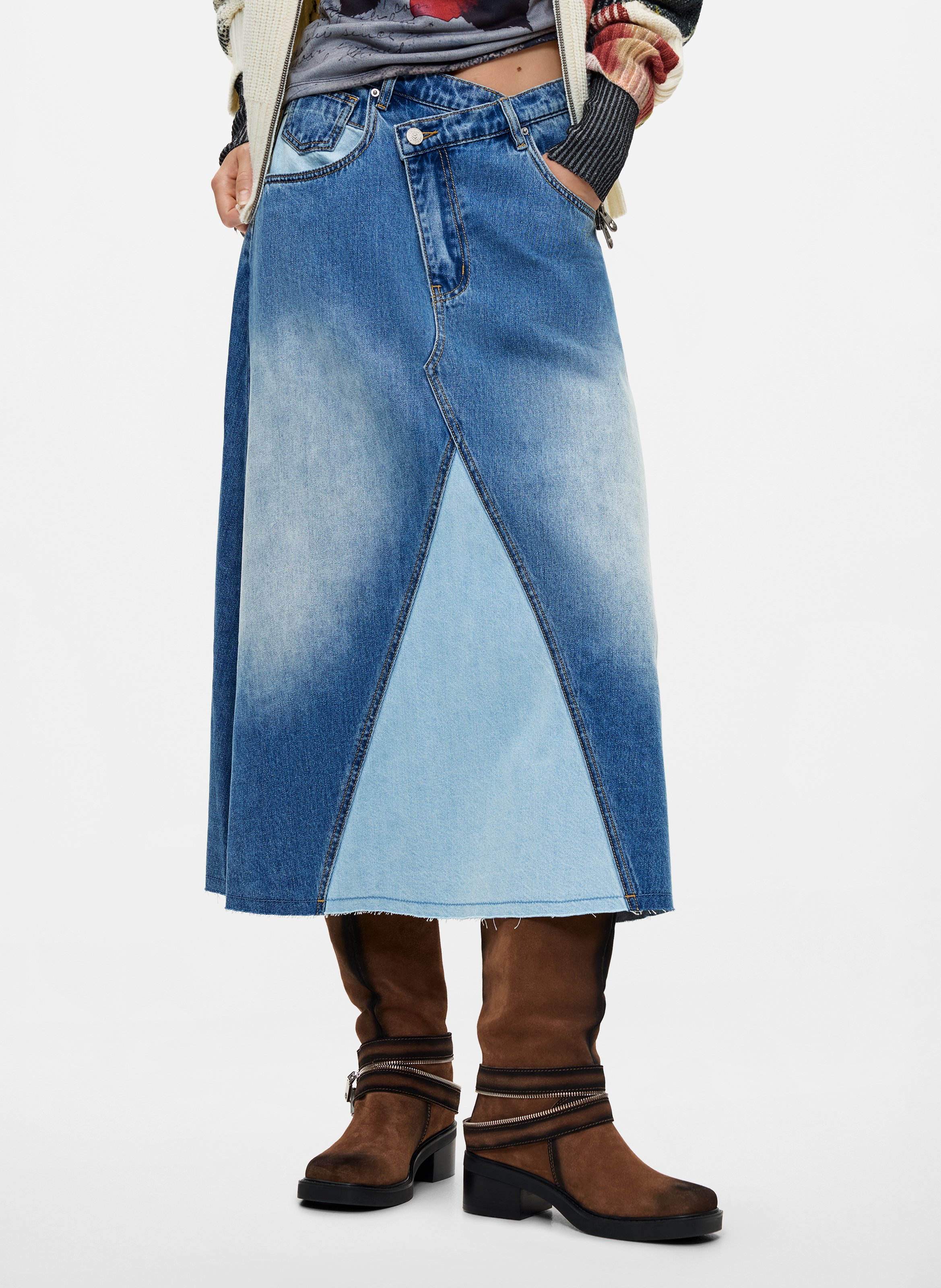 Jupe midi évasée en jean DESIGUAL Bleu