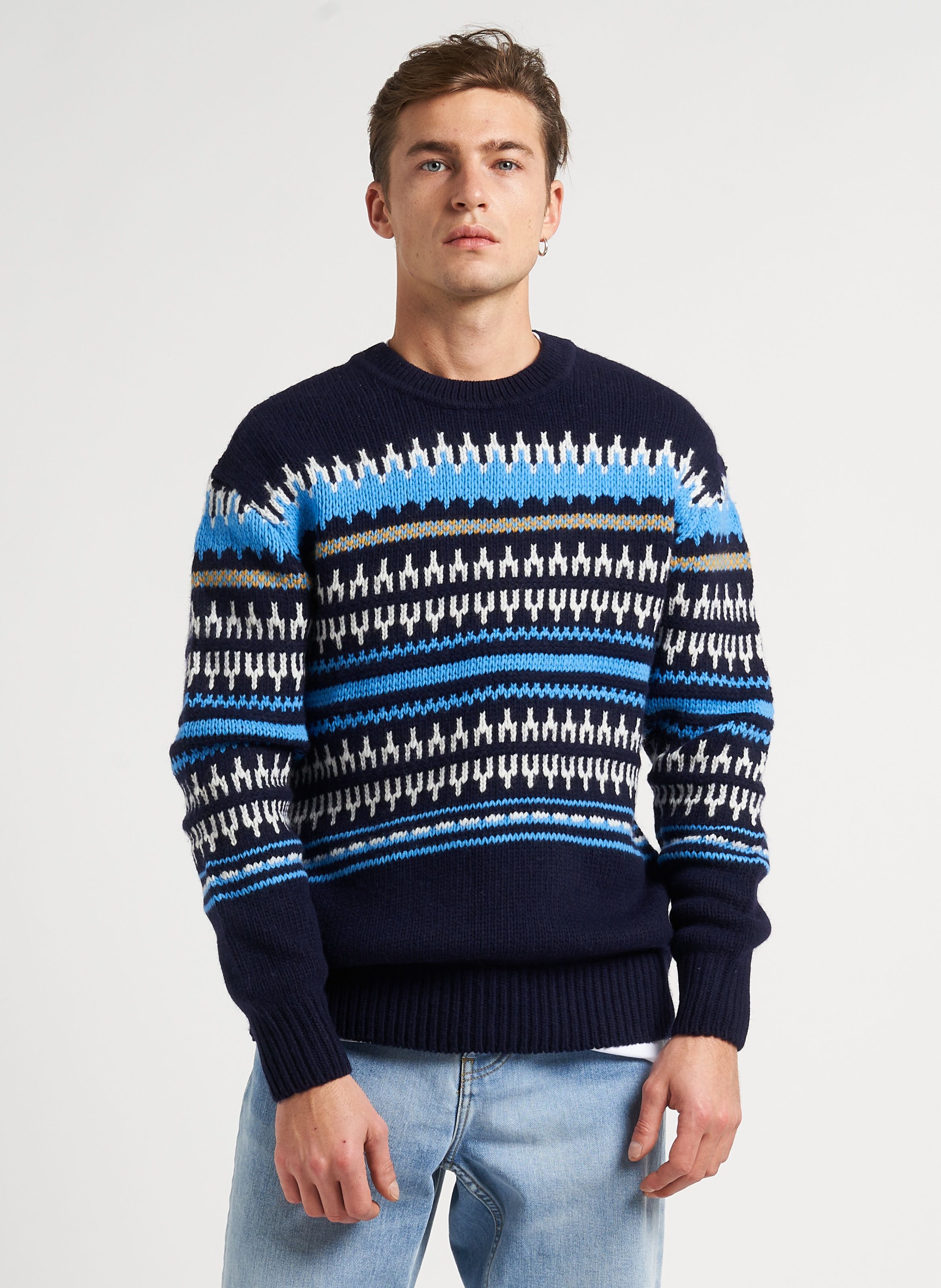 Printed Wool Round neck Jumper Blue Stripe Knowledge Cotton