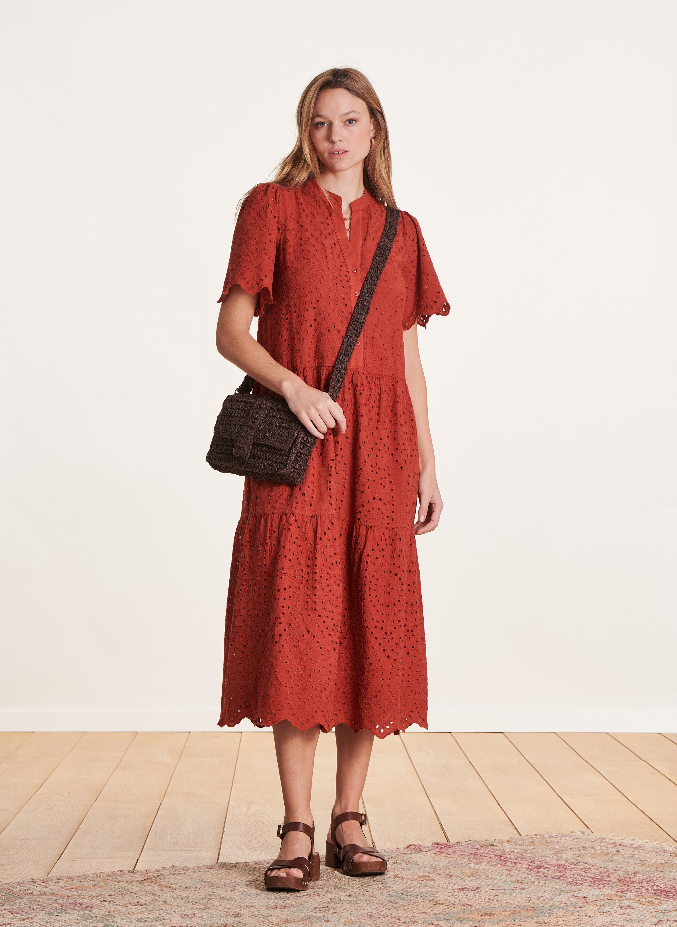 Lange, katoenen jurk met tunesische hals Rood La fee maraboutee