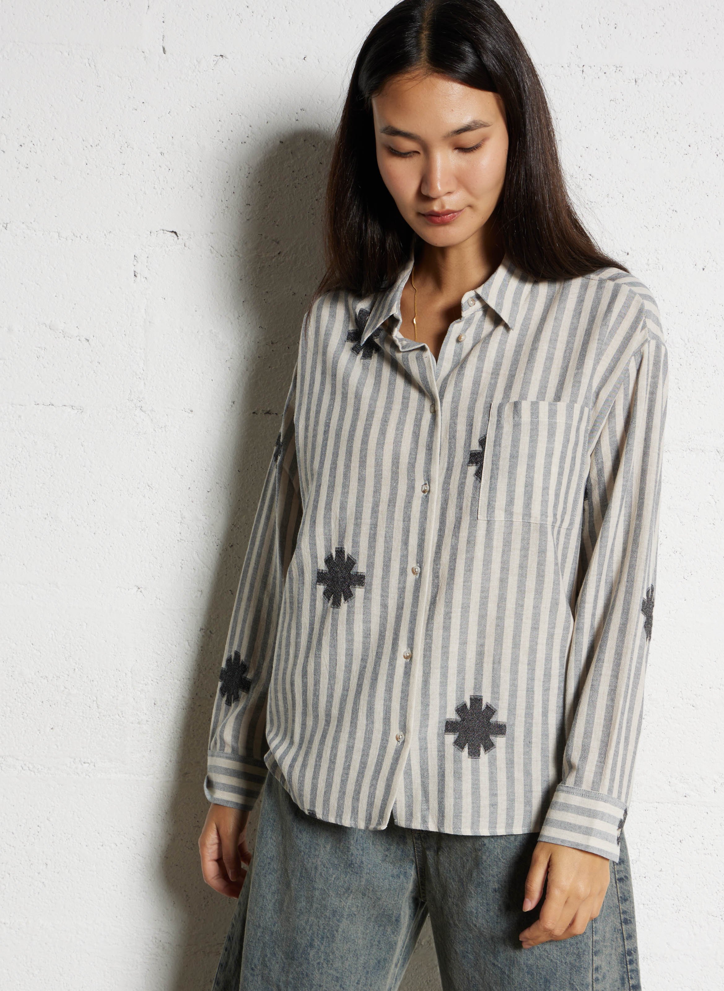 Chemise oversize en coton mélangé rayé SACRECOEUR Noir