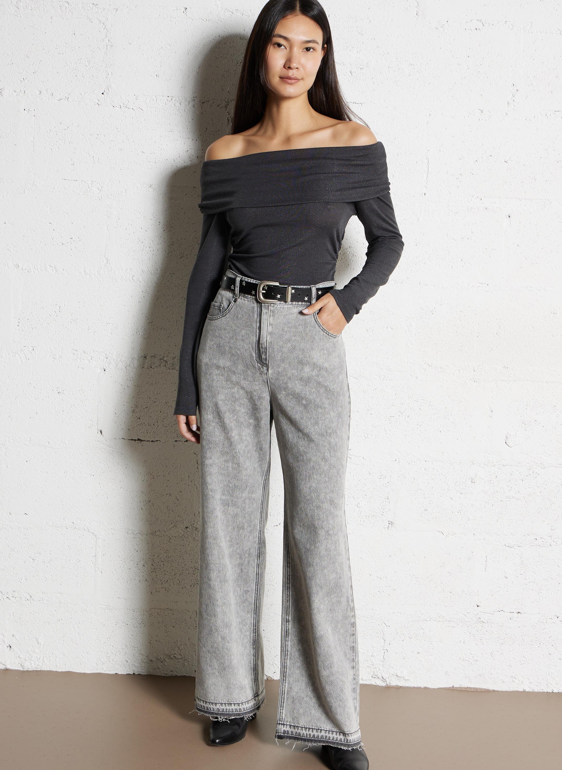 Fitted top with cowl neck in glittery knit fabric IKKS Grey