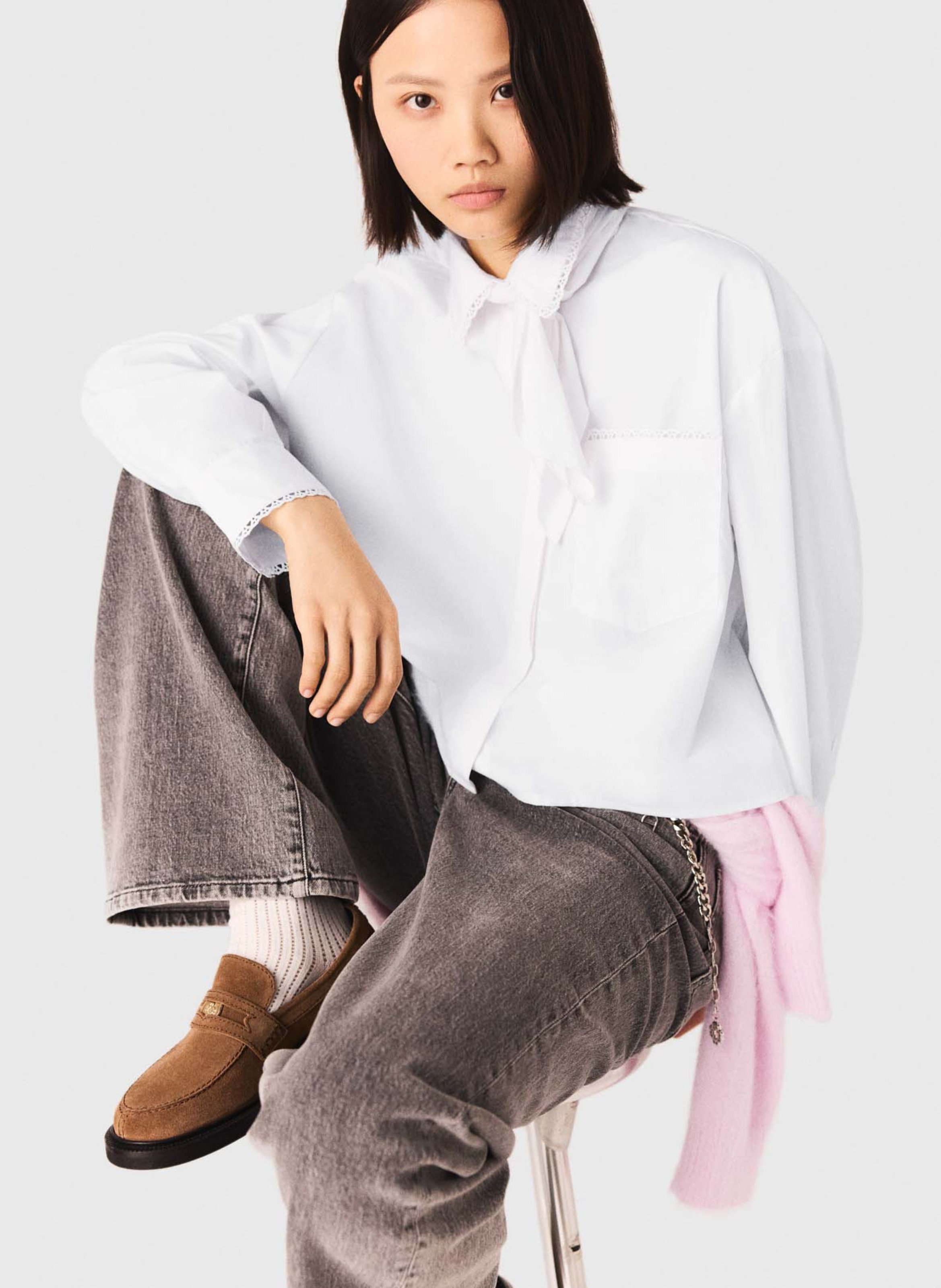 Chemise oversize col lavallière en coton MAJE Blanc