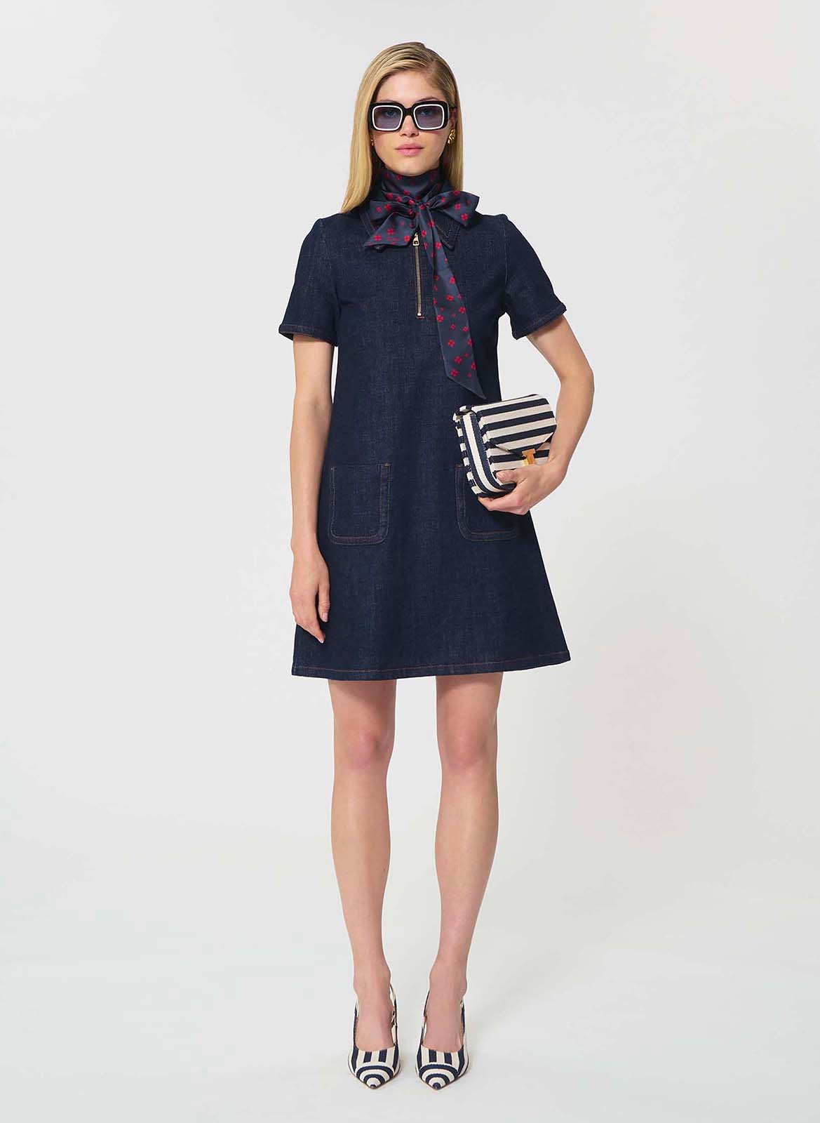 Short dress with classic collar in raw denim TARA JARMON Blue