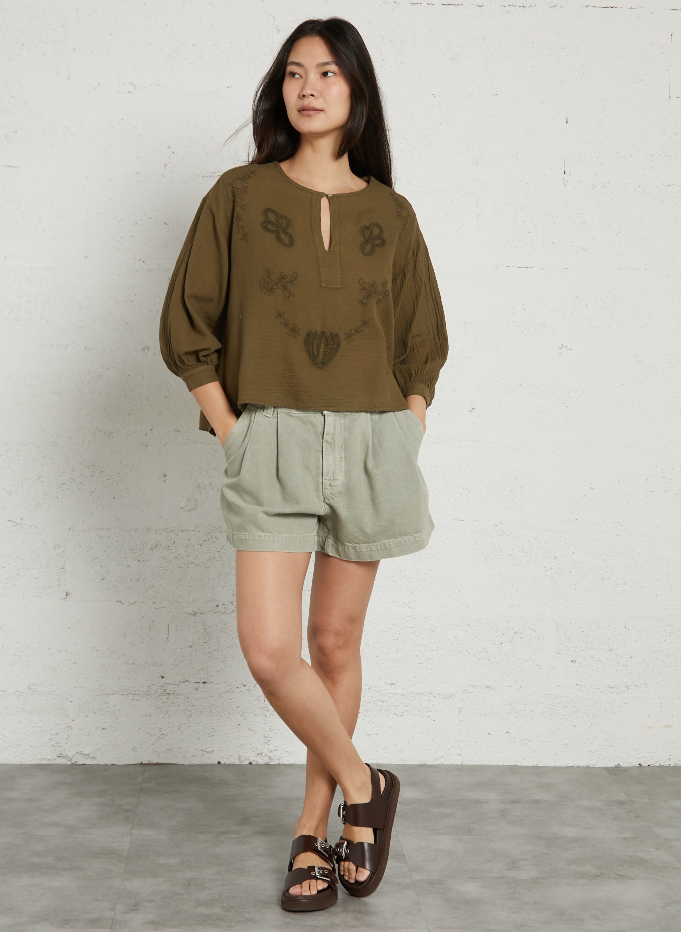 Baumwollbluse mit Rundhalsausschnitt BELLA JONES Khaki