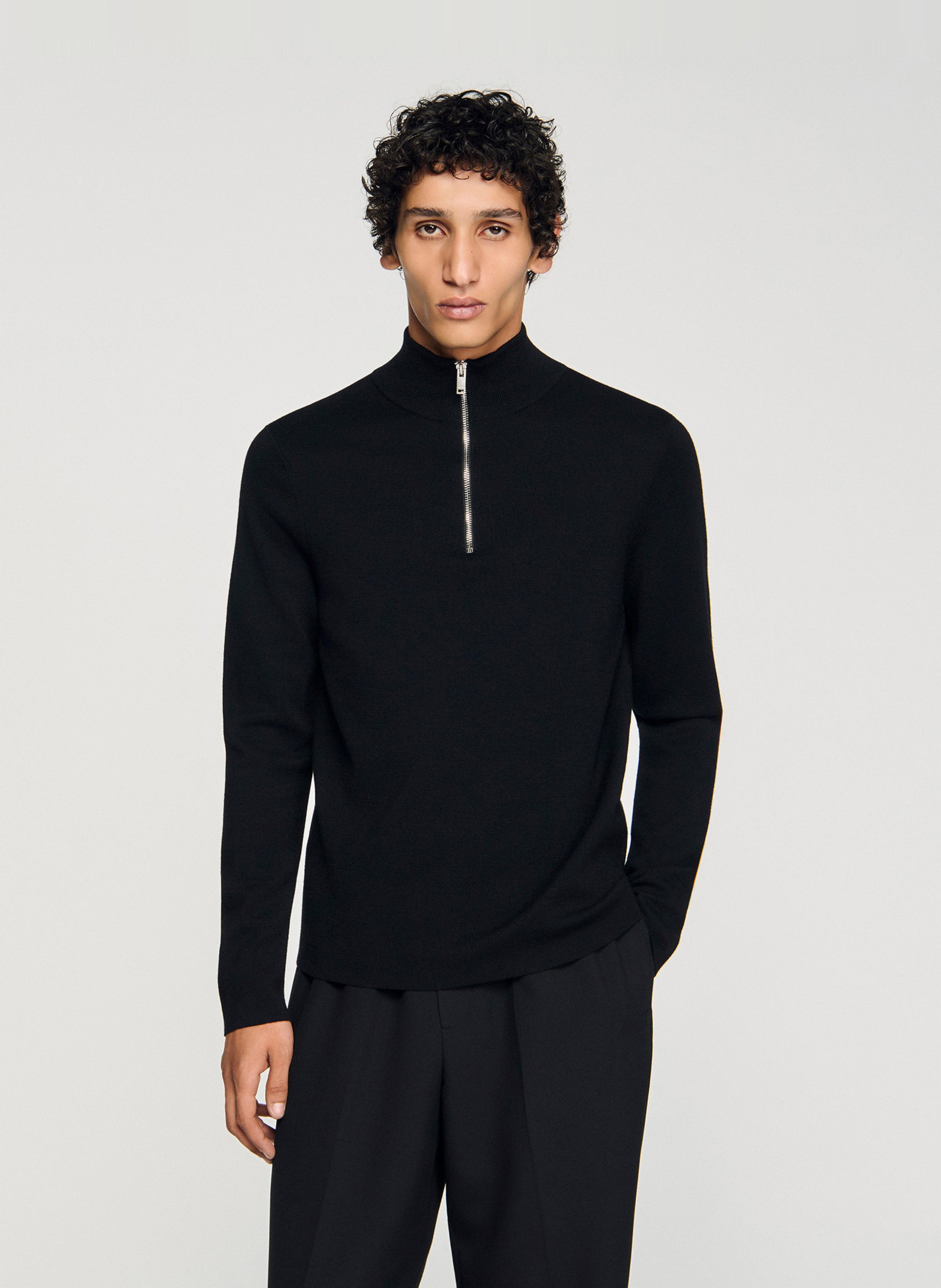 Zip-up wool sweatshirt with a stand collar SANDRO Black