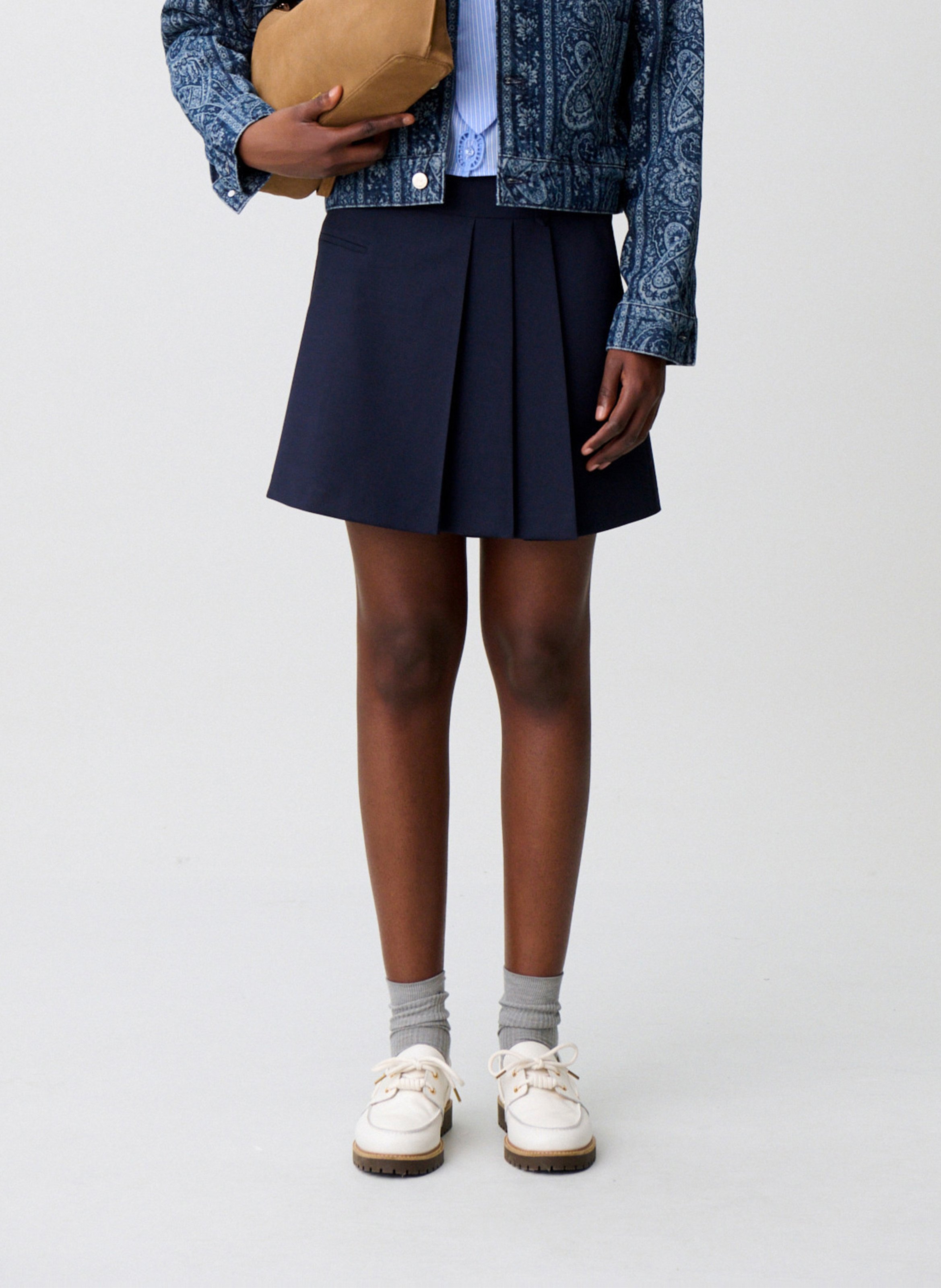 Korte uitlopende rok van gemengde wol CLAUDIE PIERLOT Blauw