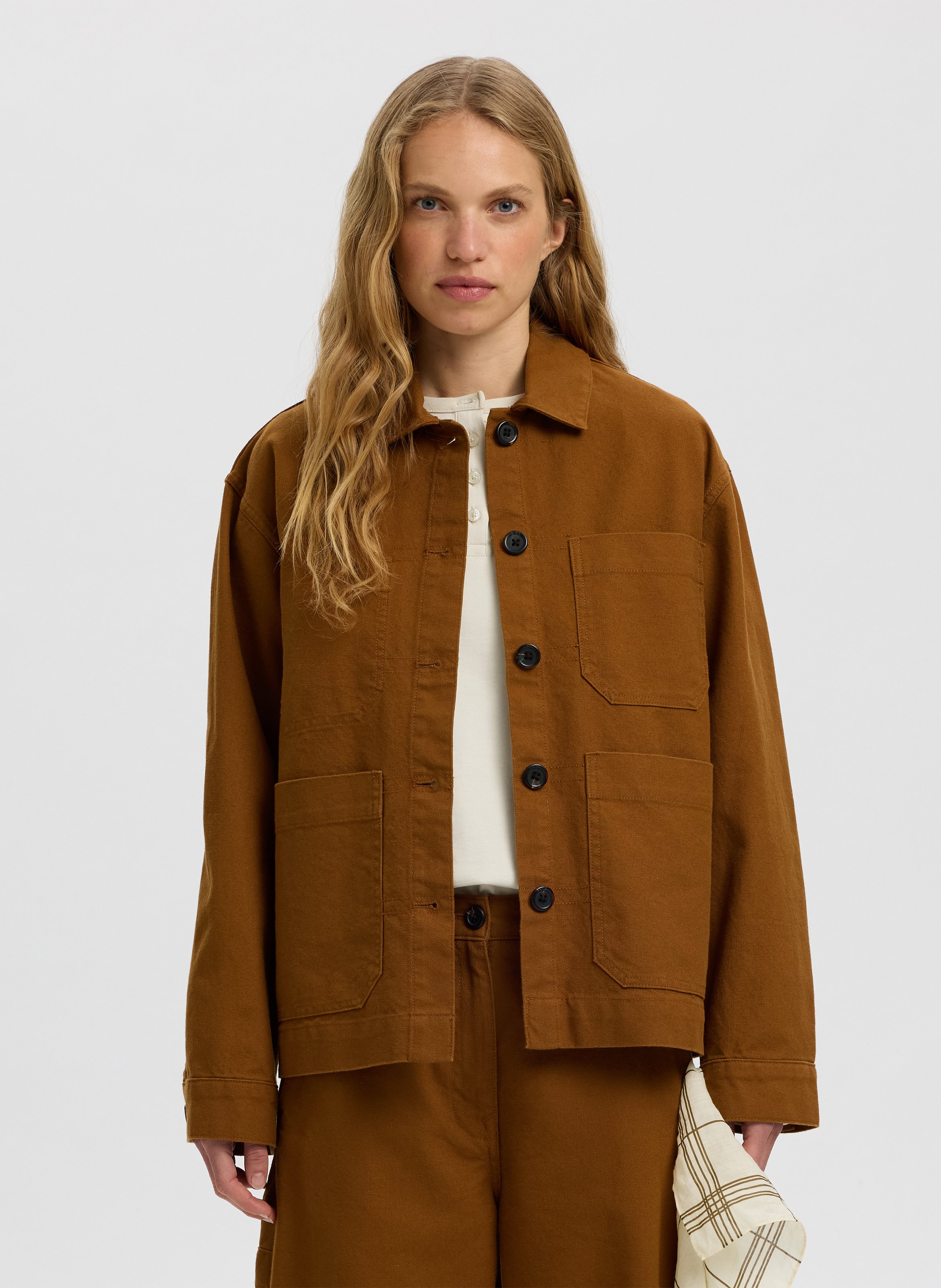 Veste ample en coton et en lin SELECTED Marron