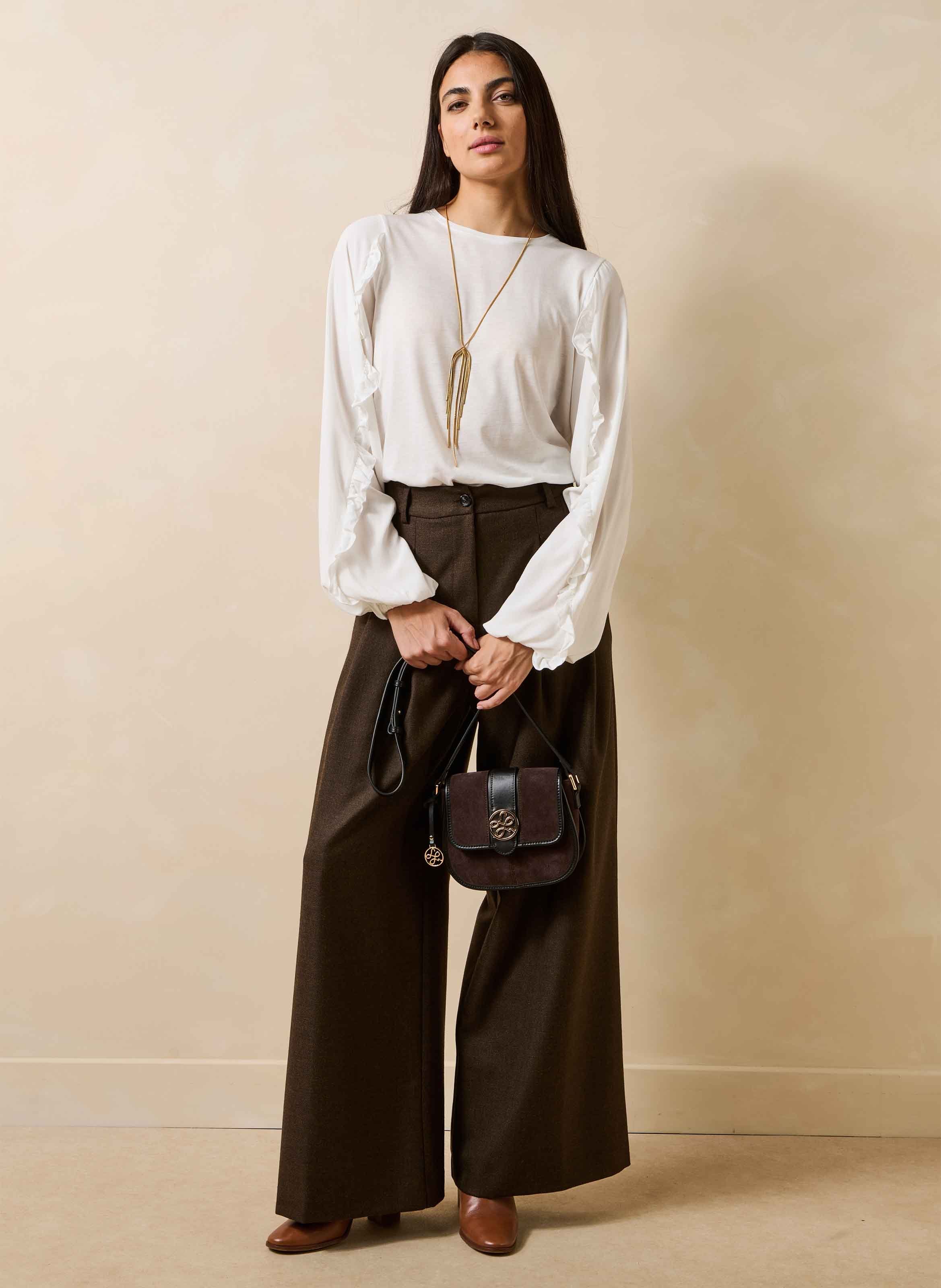 Round neck top with ruffles in two materials LA FEE MARABOUTEE White
