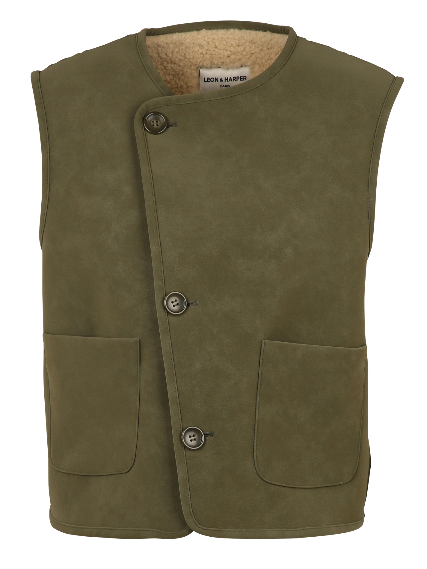 Veste droite sans manche effet fourrure LEON & HARPER Kaki