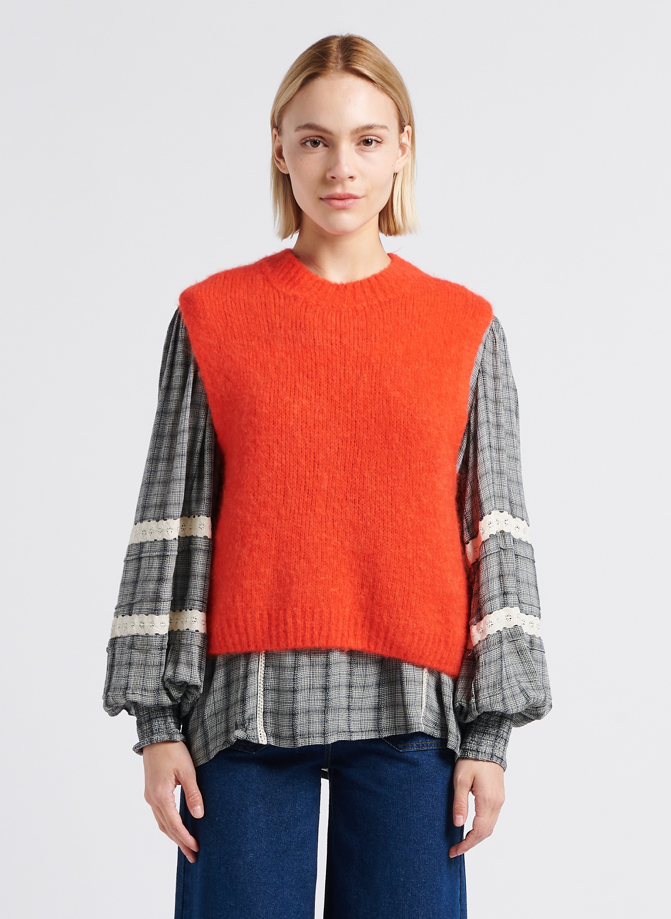 Pull sans manches col rond en maille m lang e Orange