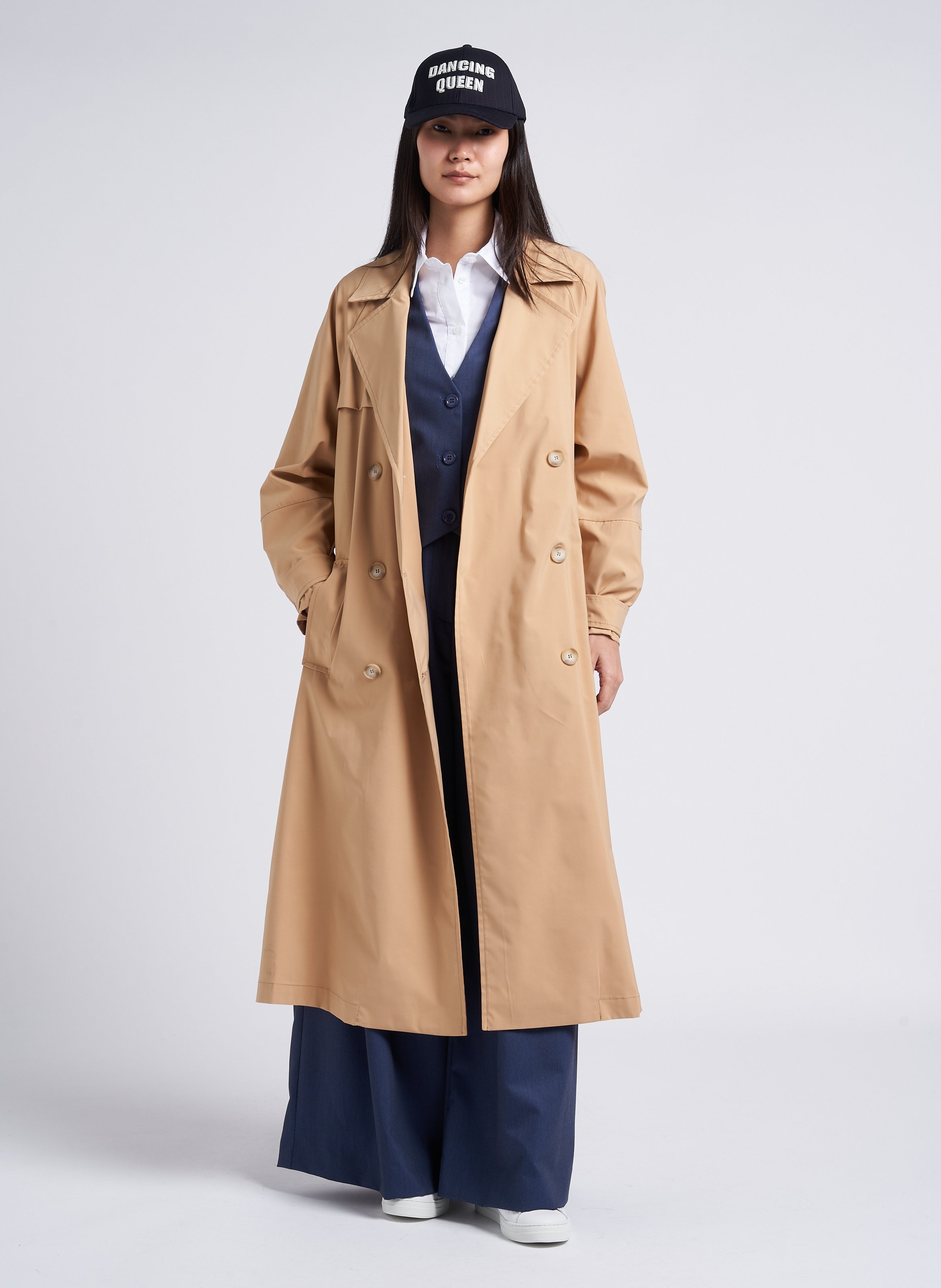 Lange, rechte trenchcoat met klassieke kraag en ceintuur IMPERIAL Beige