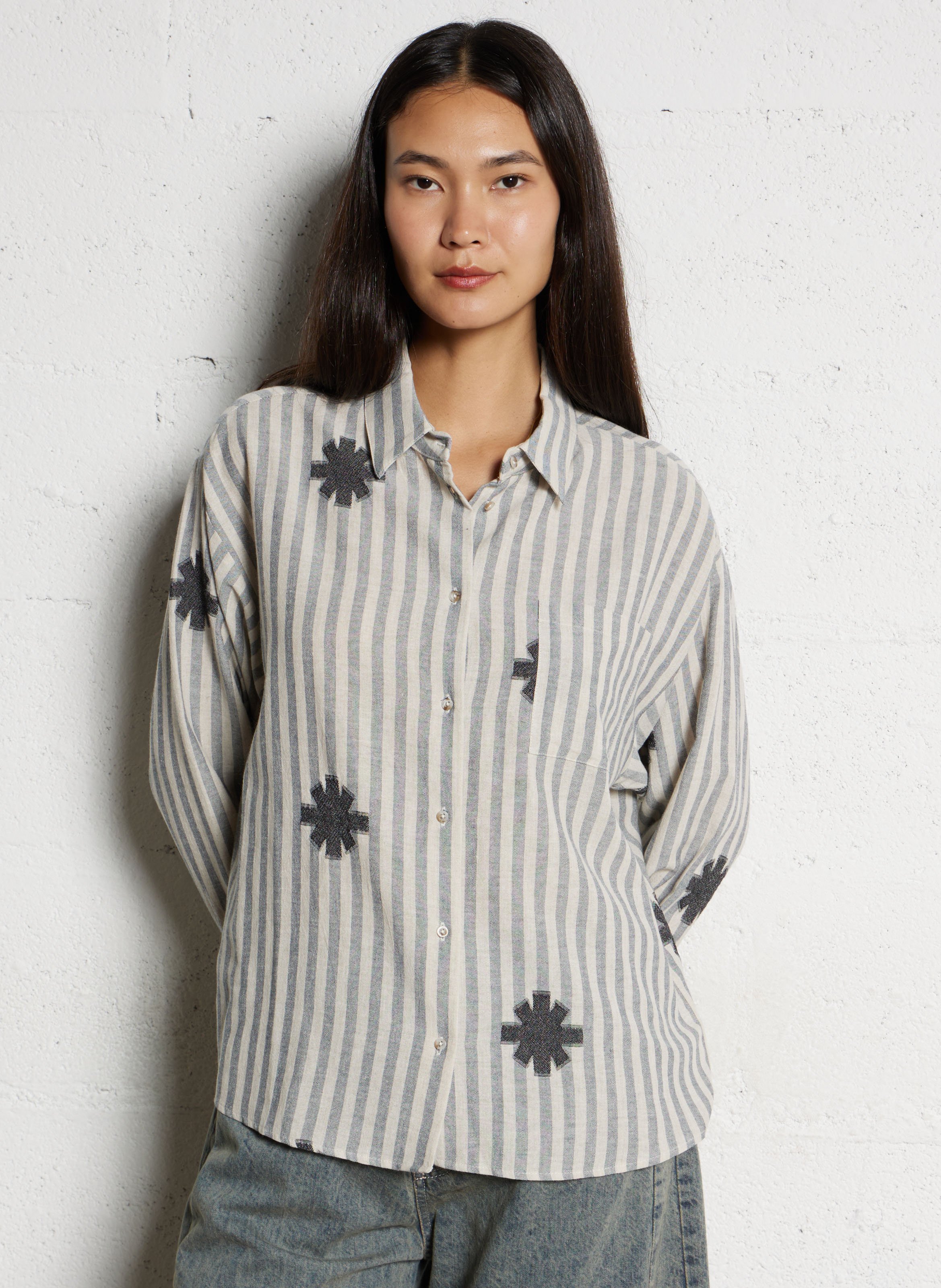 Chemise oversize en coton mélangé rayé SACRECOEUR Noir