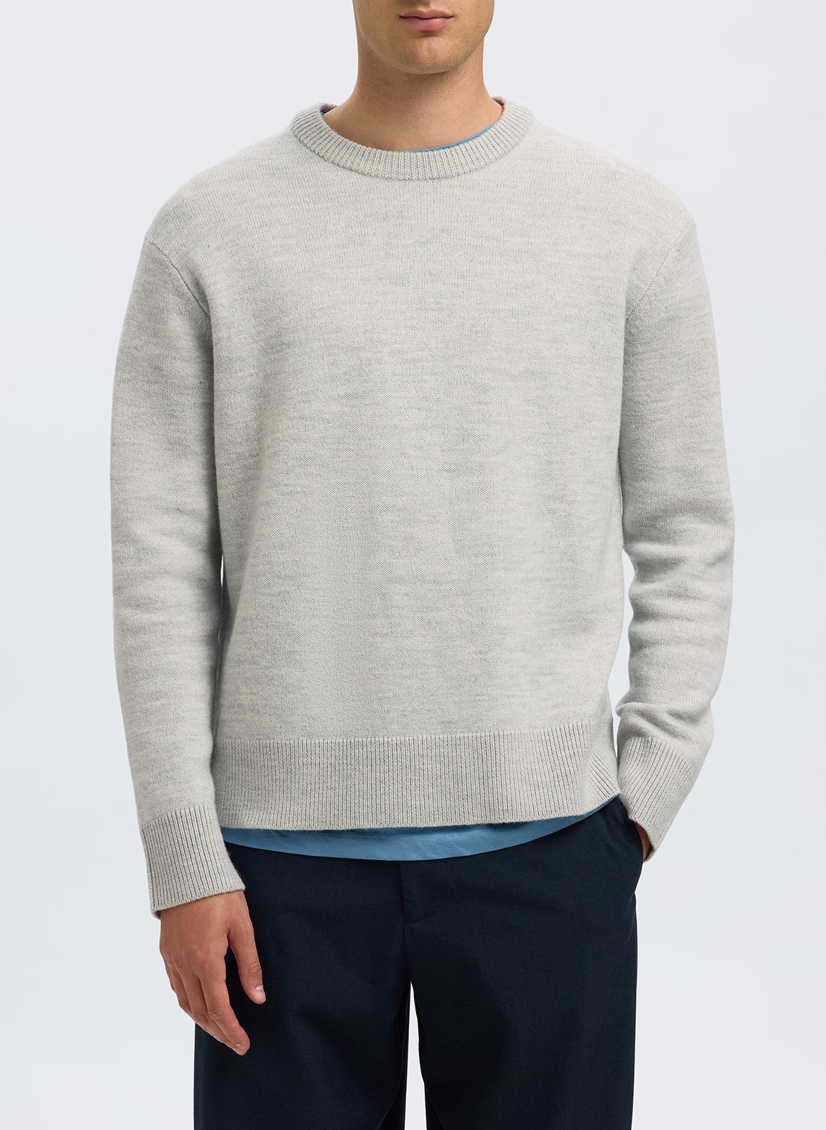 Rechte trui met ronde hals in effen wol SELECTED Grijs