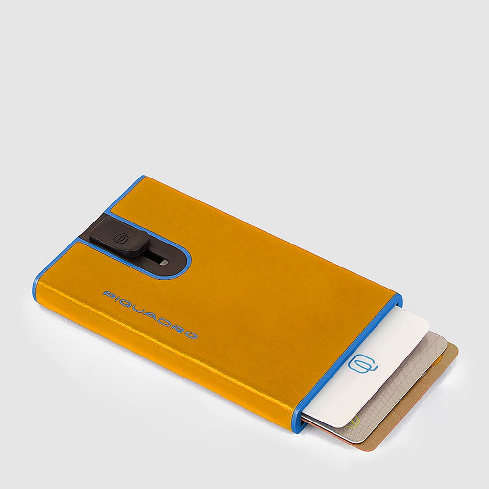 Automatic flap card holder in leather and metal with RFID protection PIQUADRO Yellow