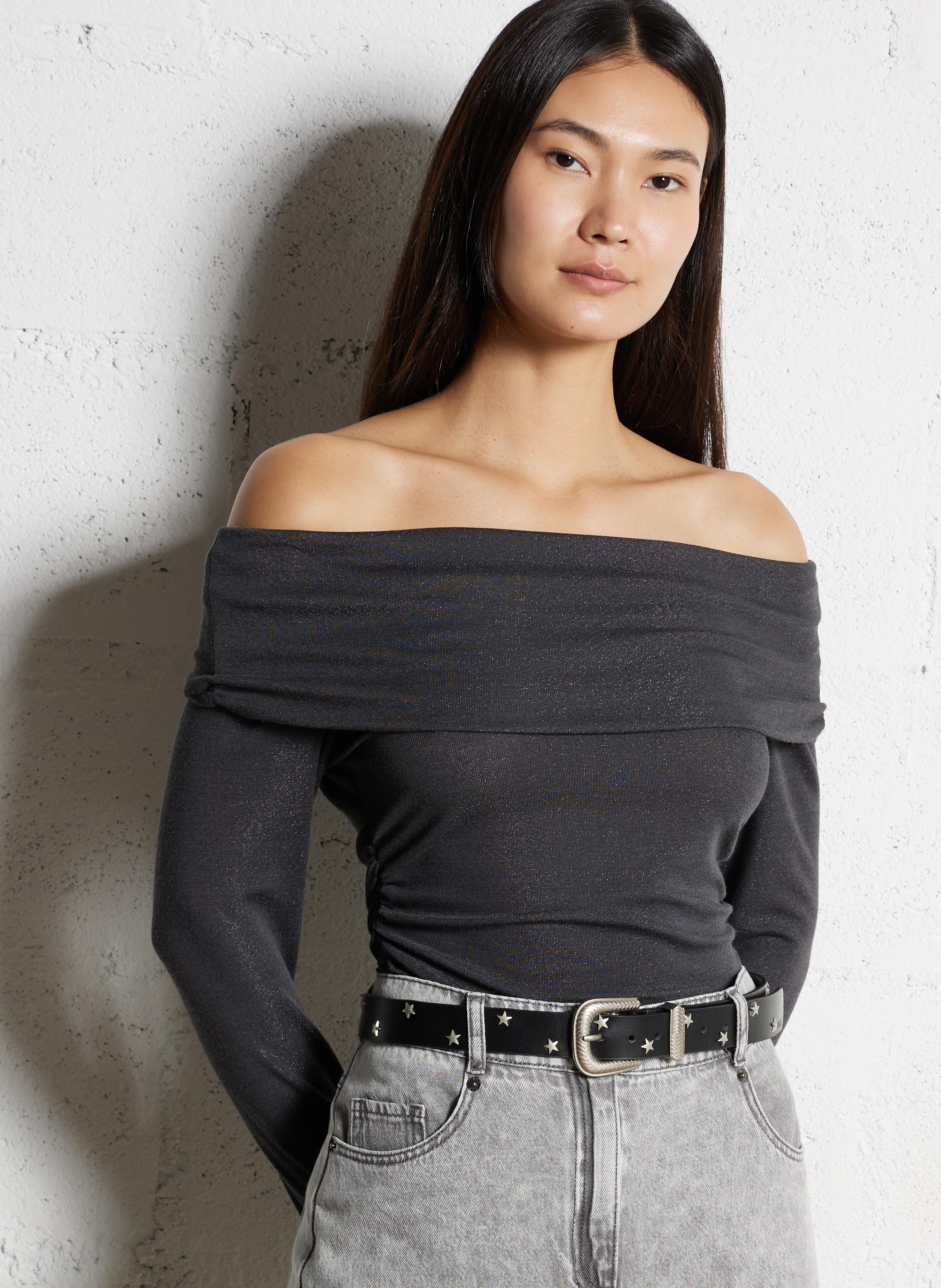 Fitted top with cowl neck in glittery knit fabric IKKS Grey