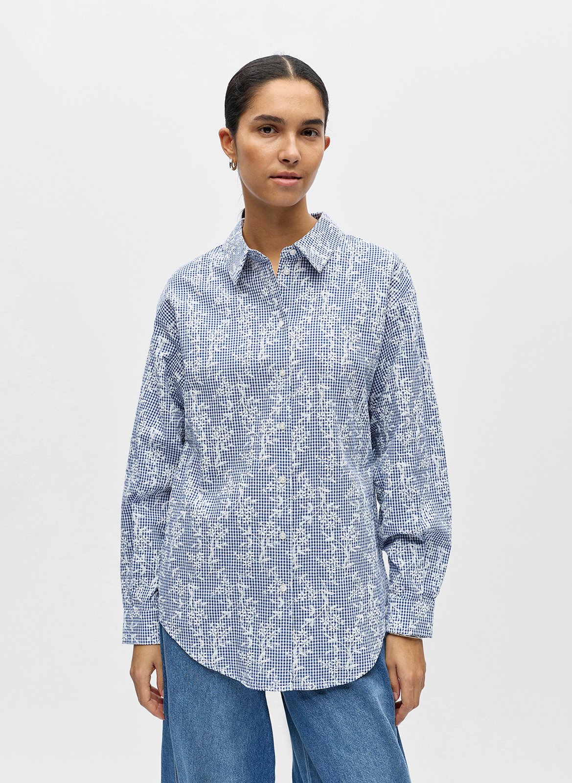 Chemise oversize col classique en coton mélangé imprimé OBJECT Bleu