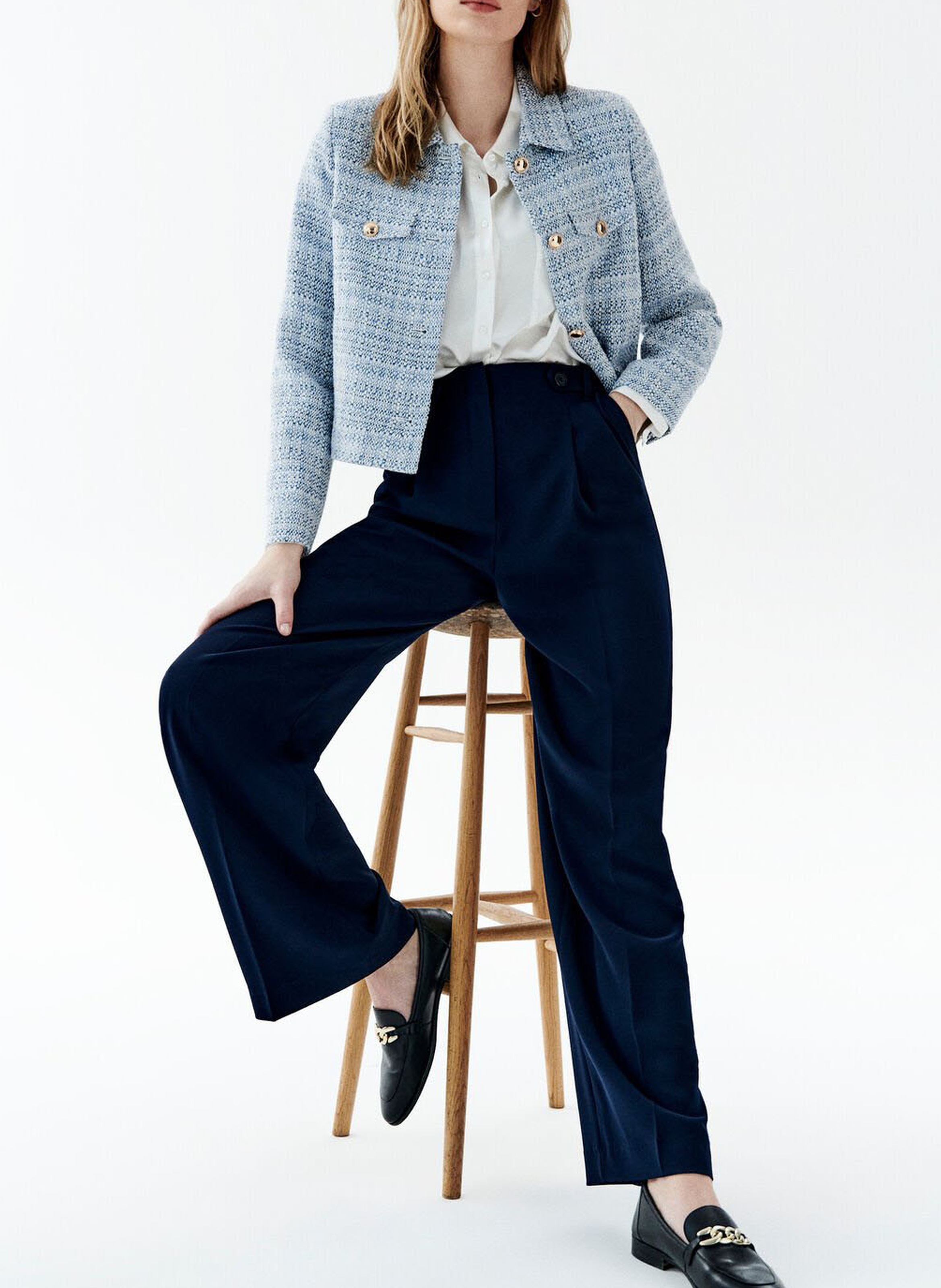 Wide-leg front-pleated pants with high elasticated waistband CAROLL Blue