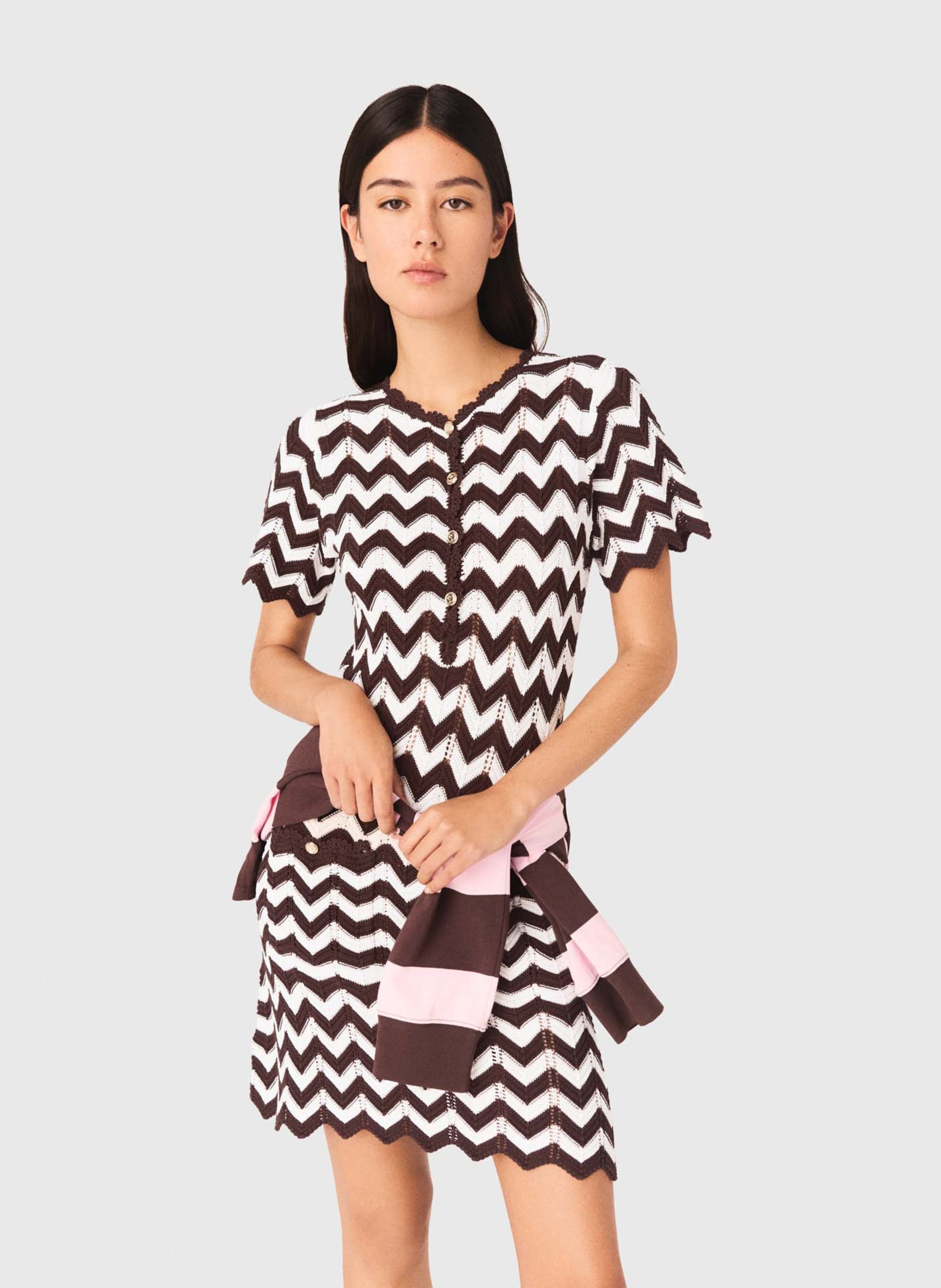 Robe courte col rond en coton rayé MAJE Marron