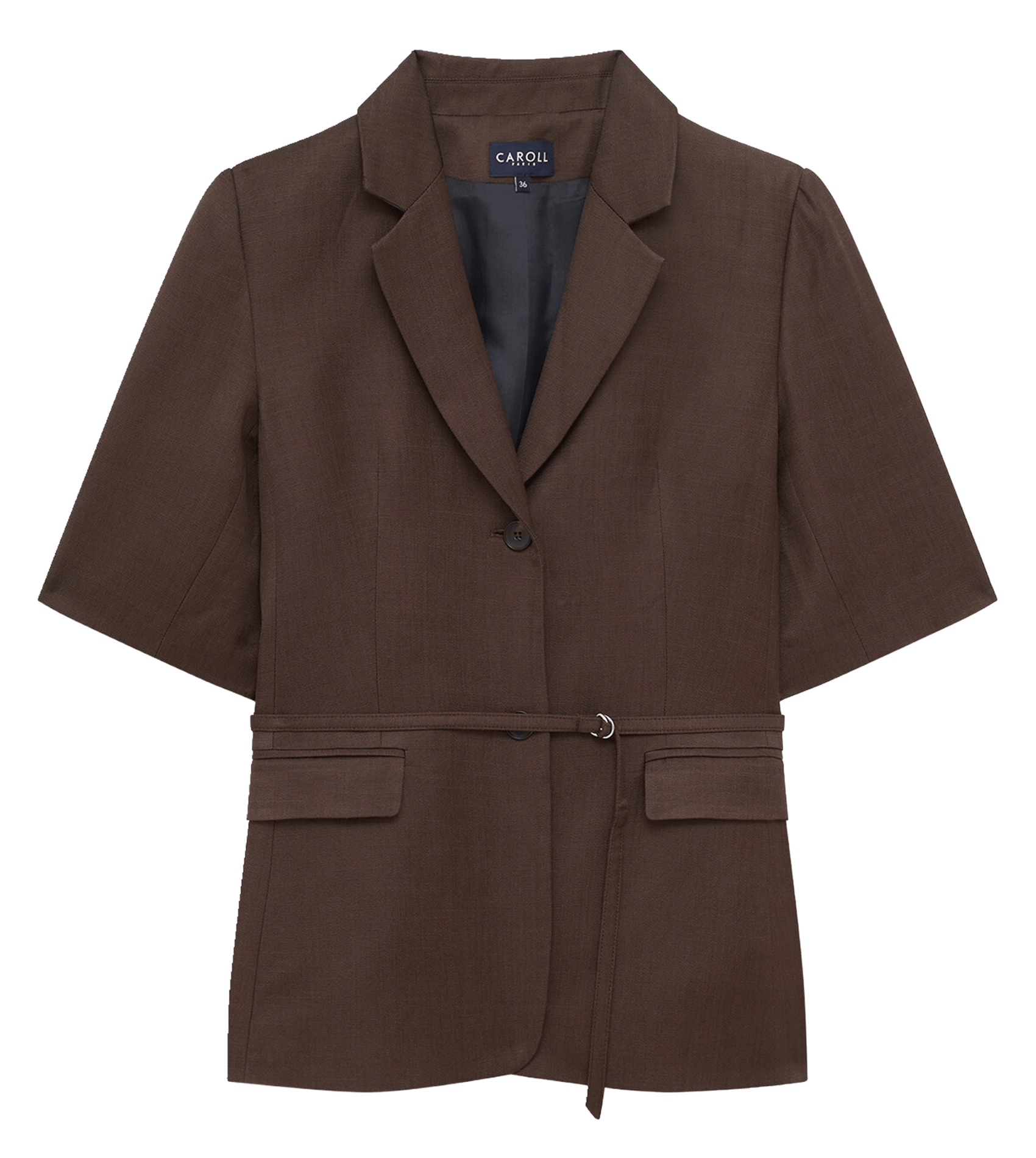 Veste tailleur manches courtes ceinturée CAROLL Marron