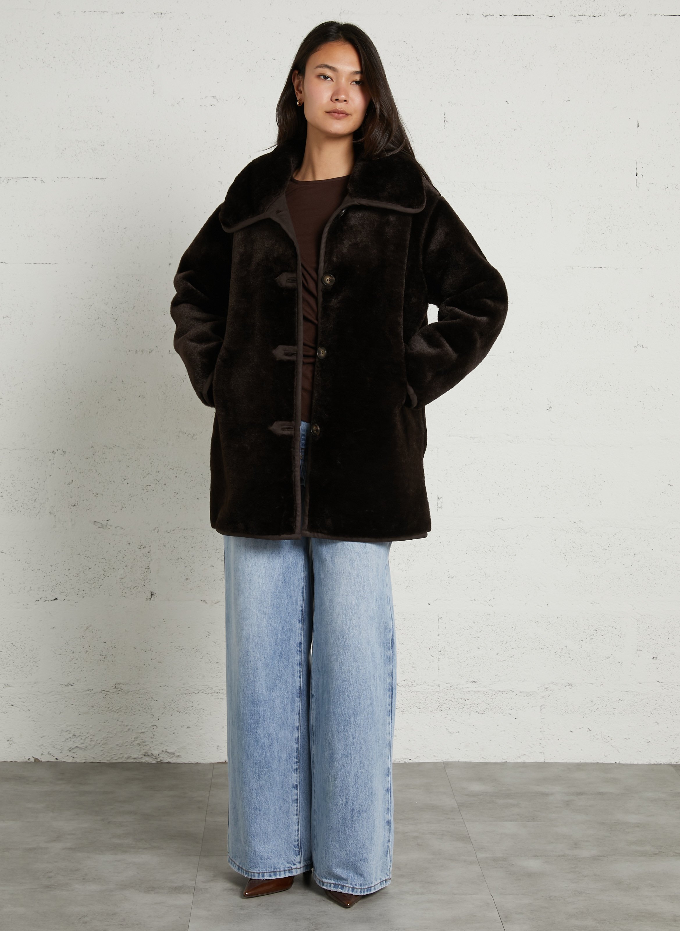 Oversized synthetic fur coat SUNCOO Brown