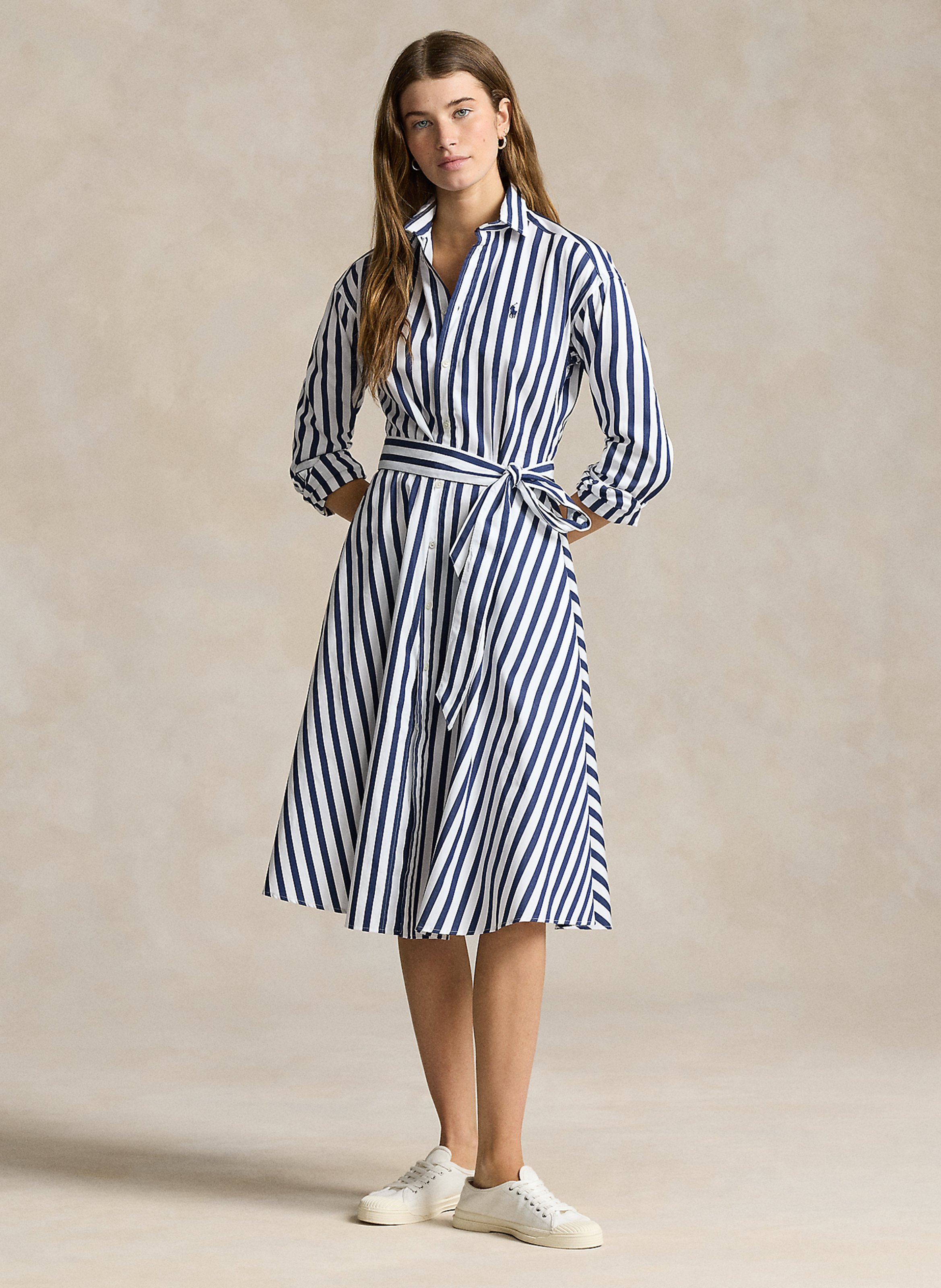 ワンピース POLO RALPH LAUREN Woman Dress Blue 211959901 1153 Belted cotton midi shirt dress 1153 harbor island blue-white