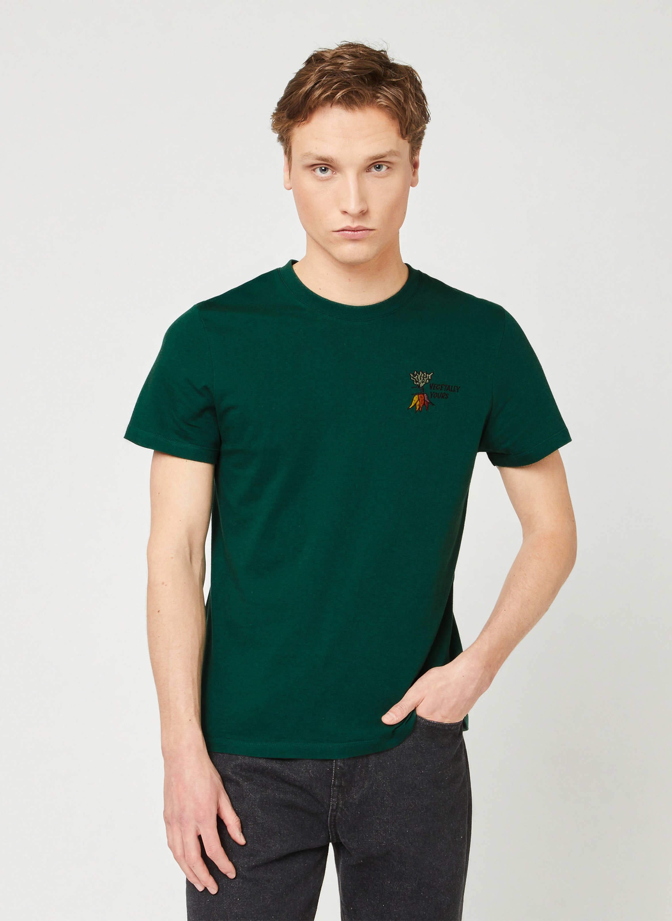 Plain straight t-shirt with chest embroidery FAGUO Green