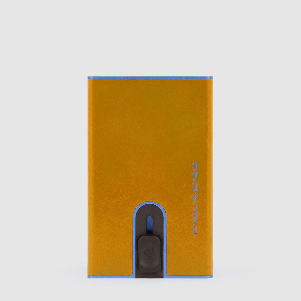 Automatic flap card holder in leather and metal with RFID protection PIQUADRO Yellow