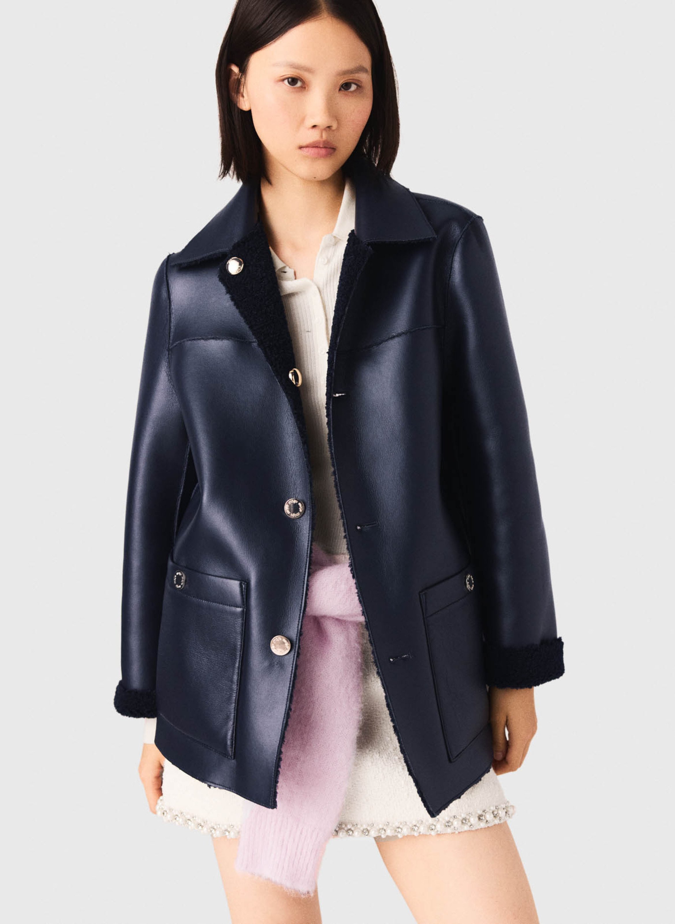 Jas met klassieke kraag en leren effect MAJE Blauw