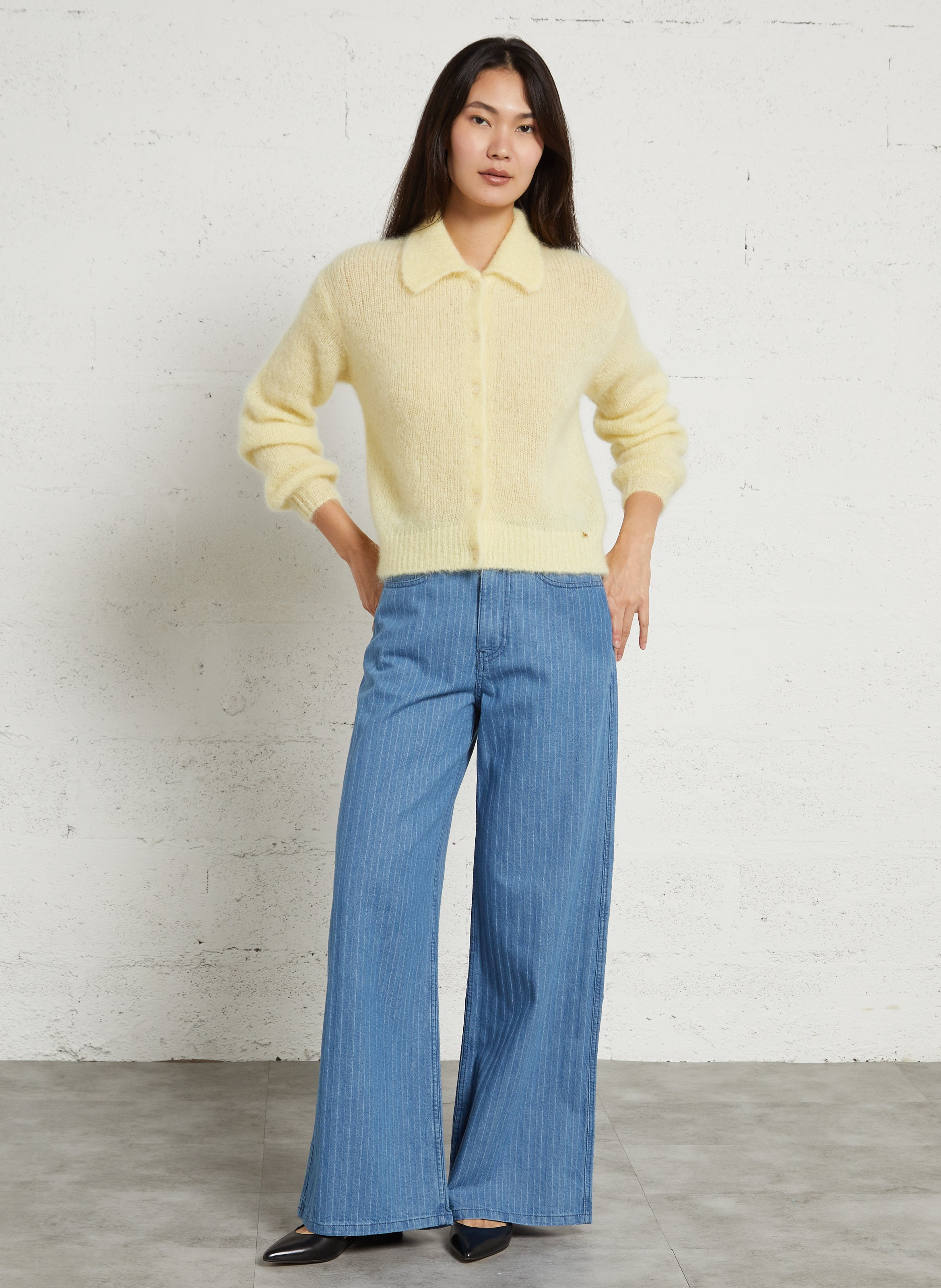 Polo-halstrui cardigan van gemengde mohair DES PETITS HAUTS Geel