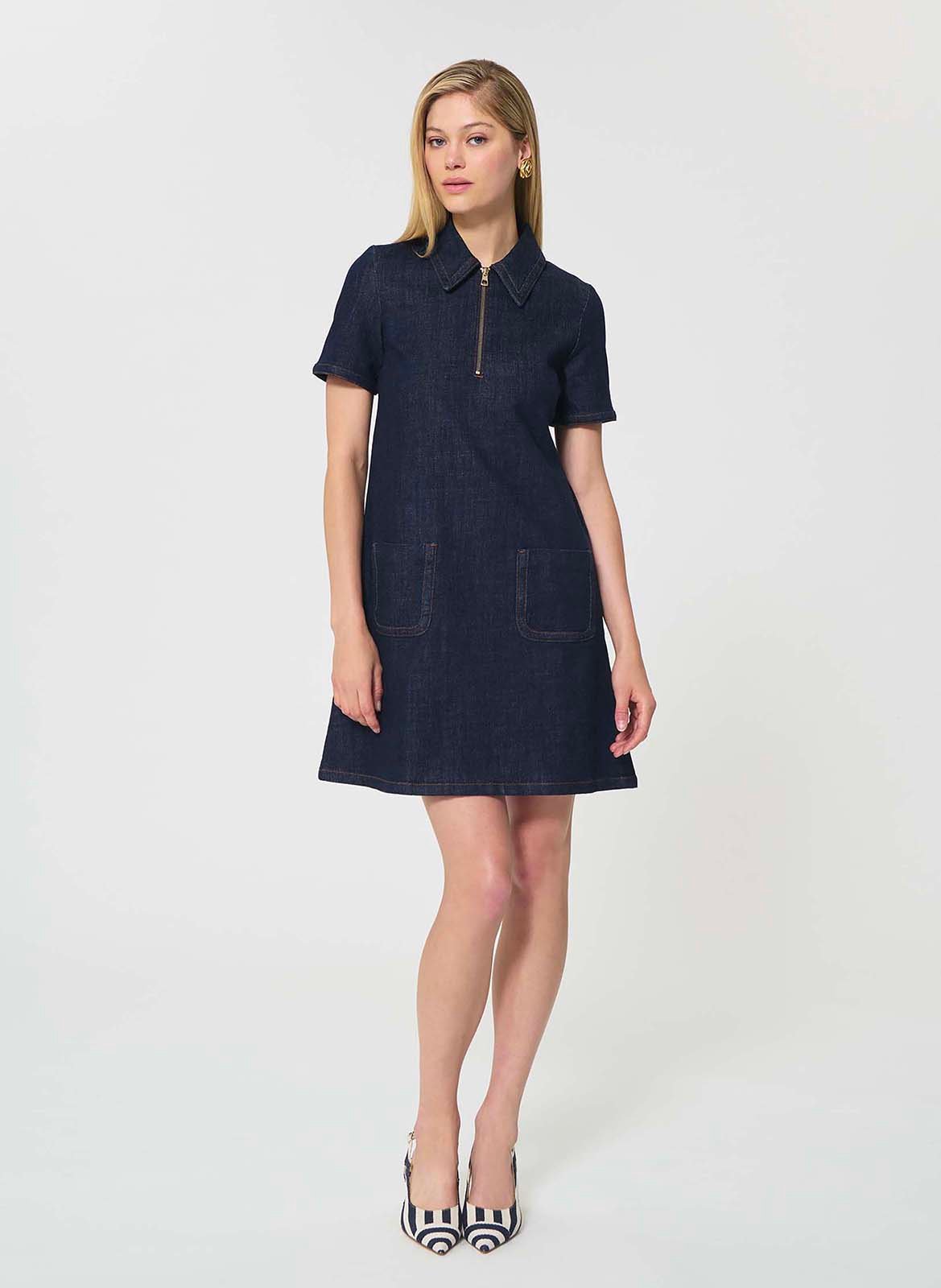 Short dress with classic collar in raw denim TARA JARMON Blue