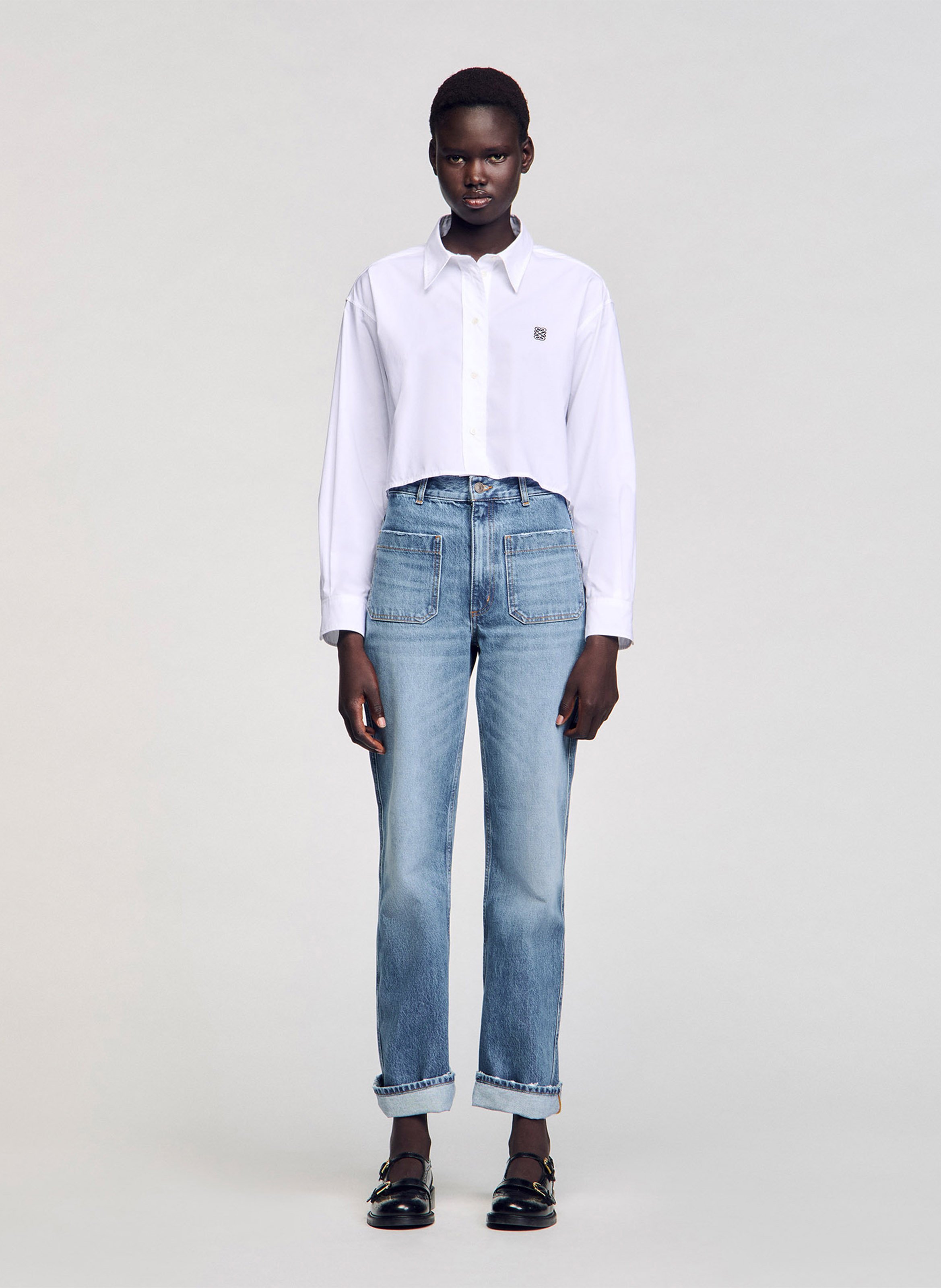 Chemise courte en popeline de coton SANDRO Blanc