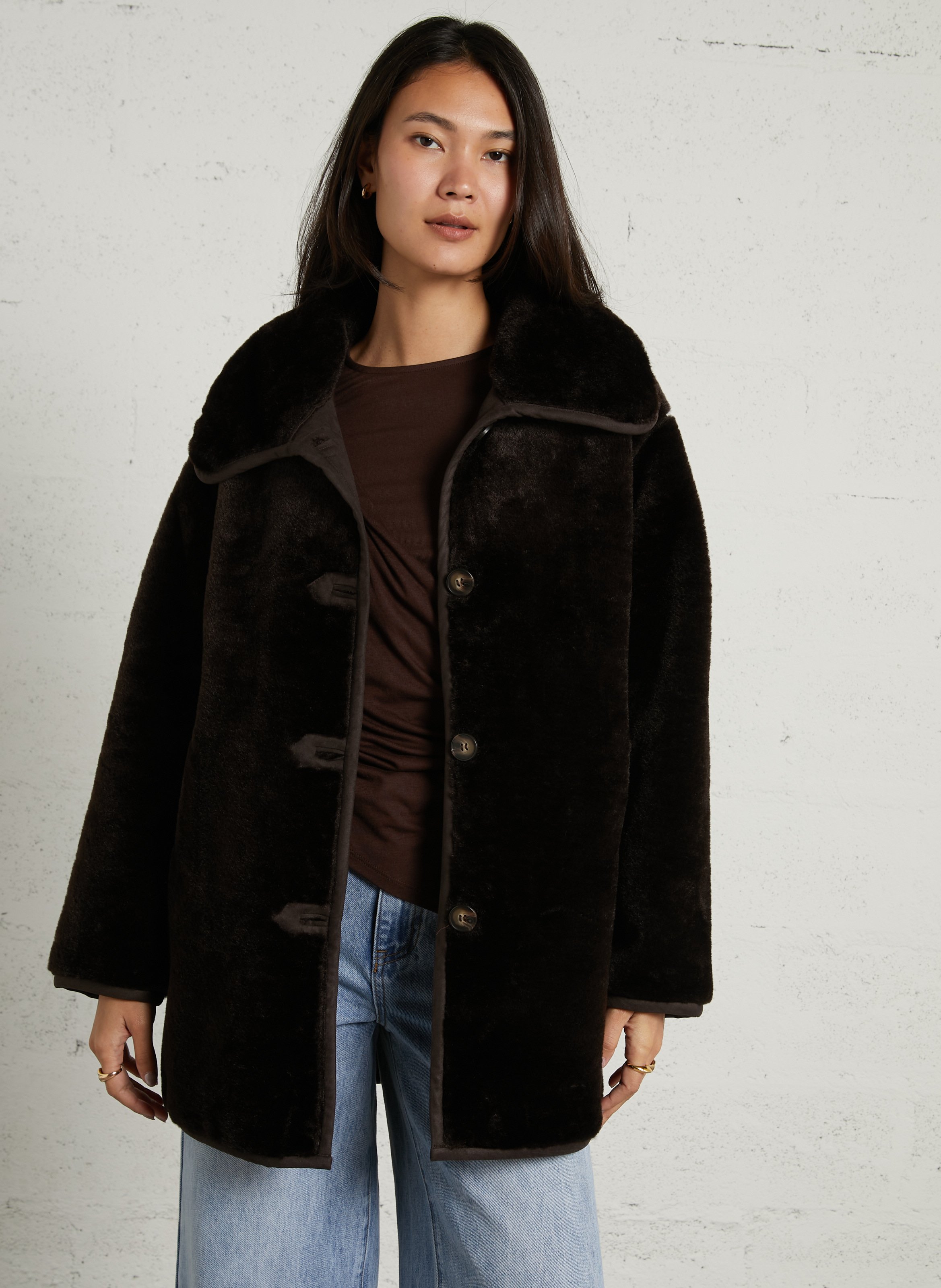 Oversized synthetic fur coat SUNCOO Brown