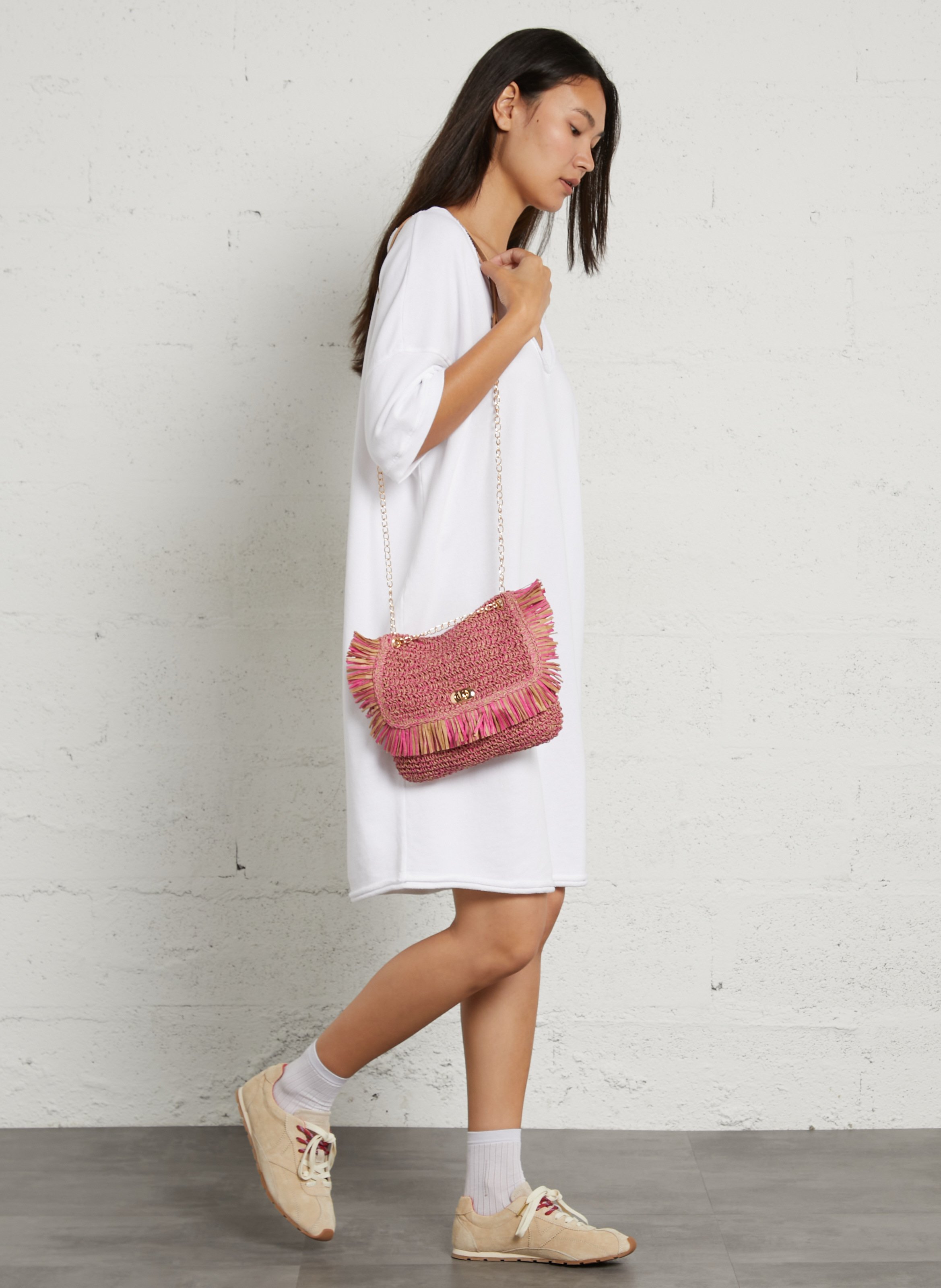 Schoudertas van gemengd stro PIECES Roze