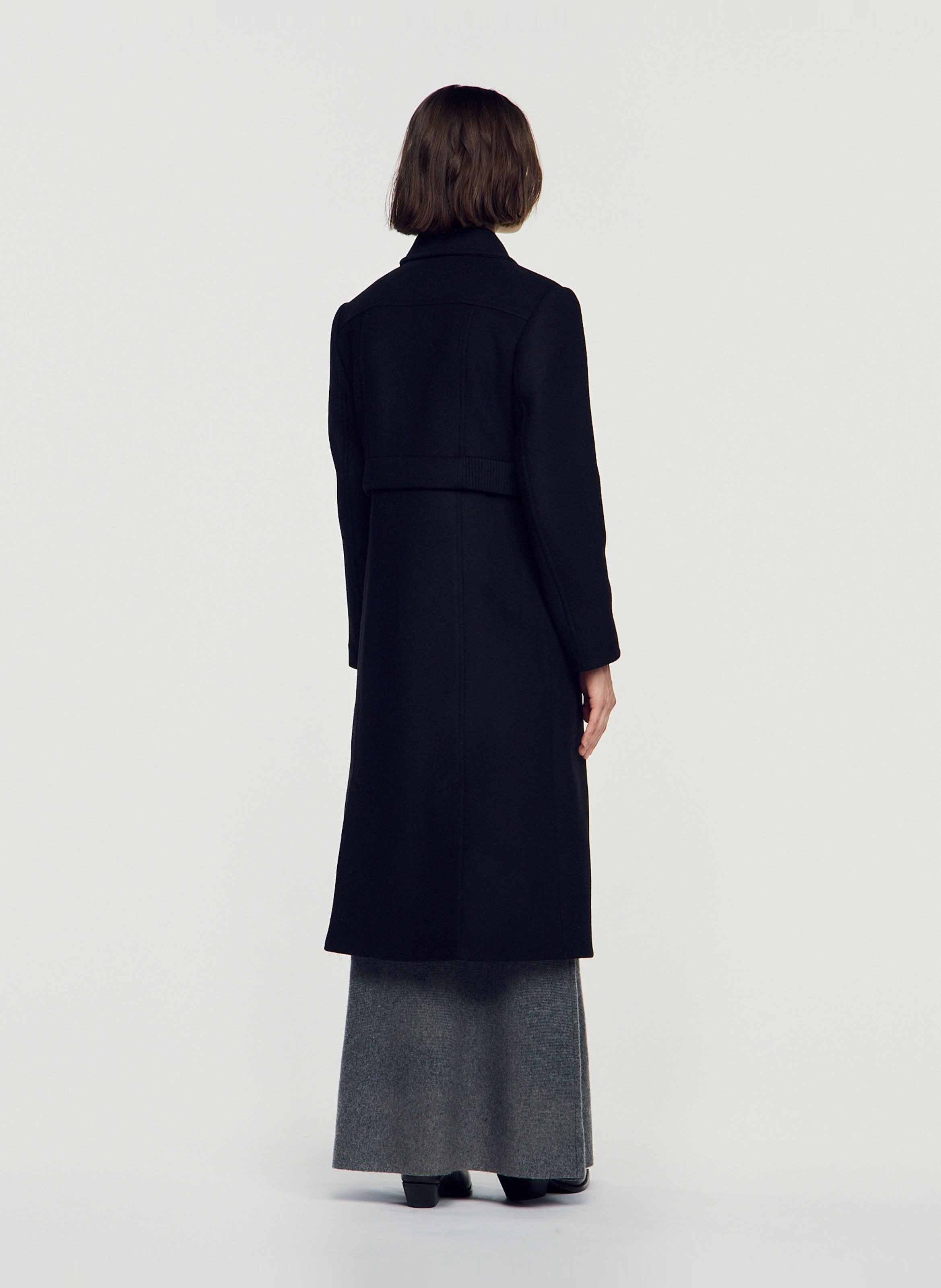 Manteau long boutonné en laine mélangée SANDRO Noir