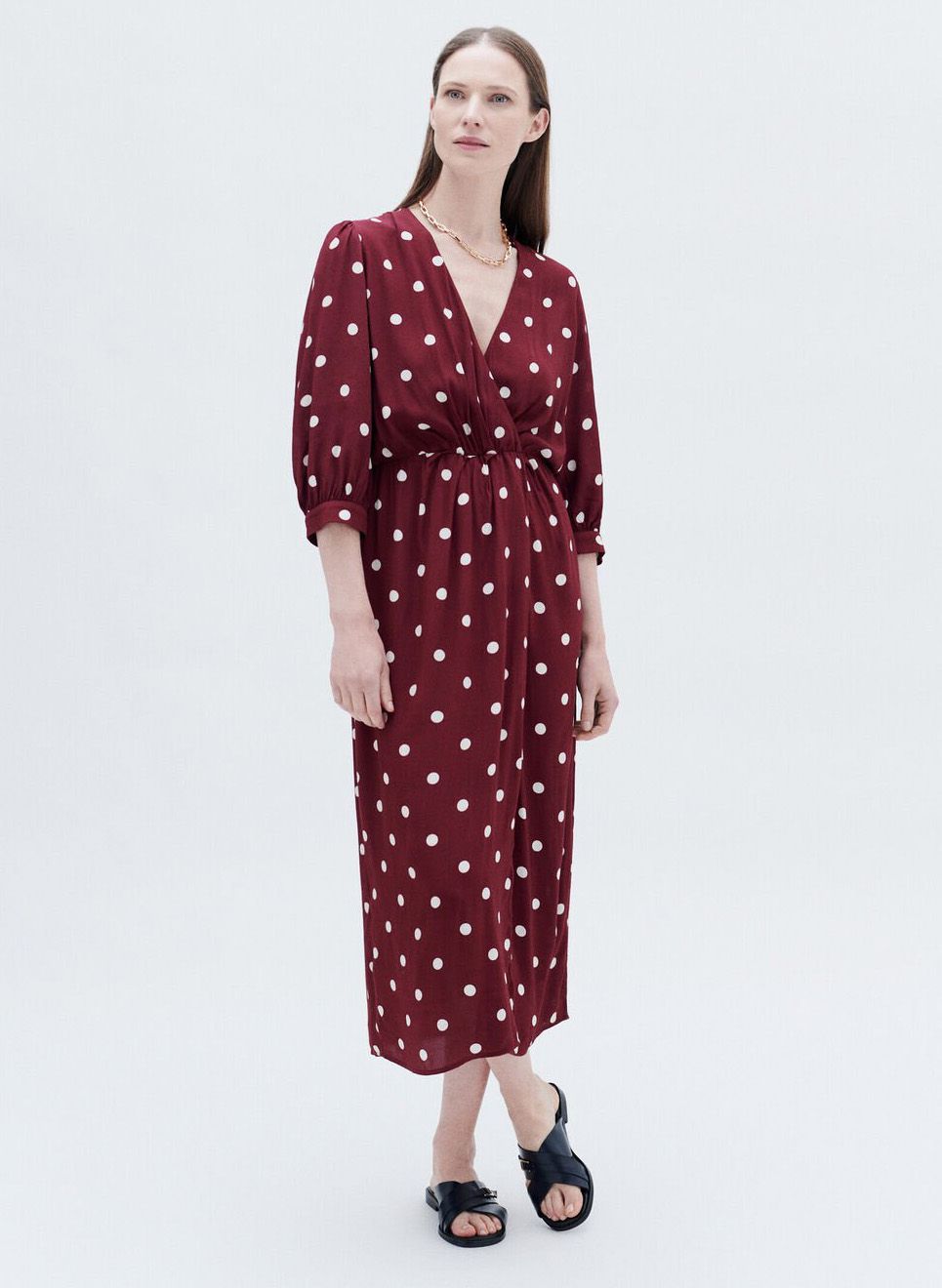 Polk Dot V neck Midi Dress Bordeaux Caroll Women Place des