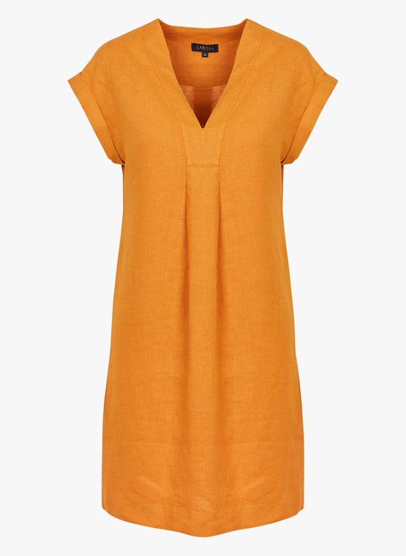 Robe courte droite encolure v en lin Rk069-Mirabelle Caramel