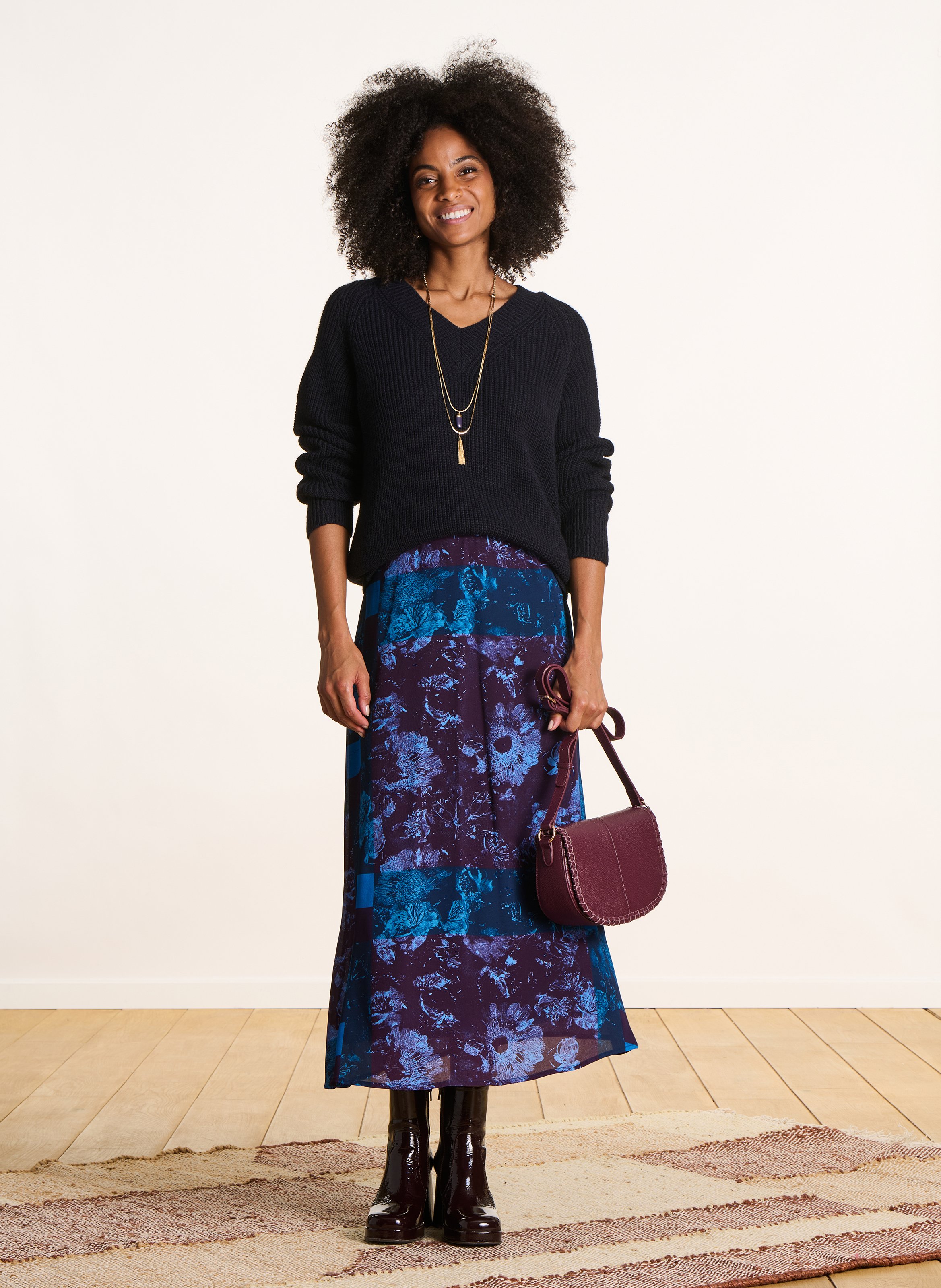 Gerade geschnittener Strick-Mix-Pullover mit V-Ausschnitt LA FEE MARABOUTEE Blau