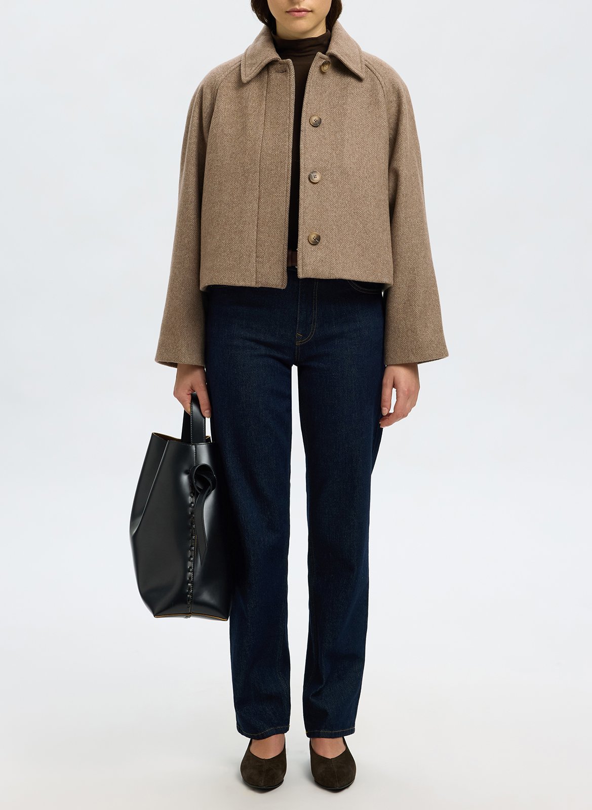 Short oversized herringbone jacket SELECTED Brown