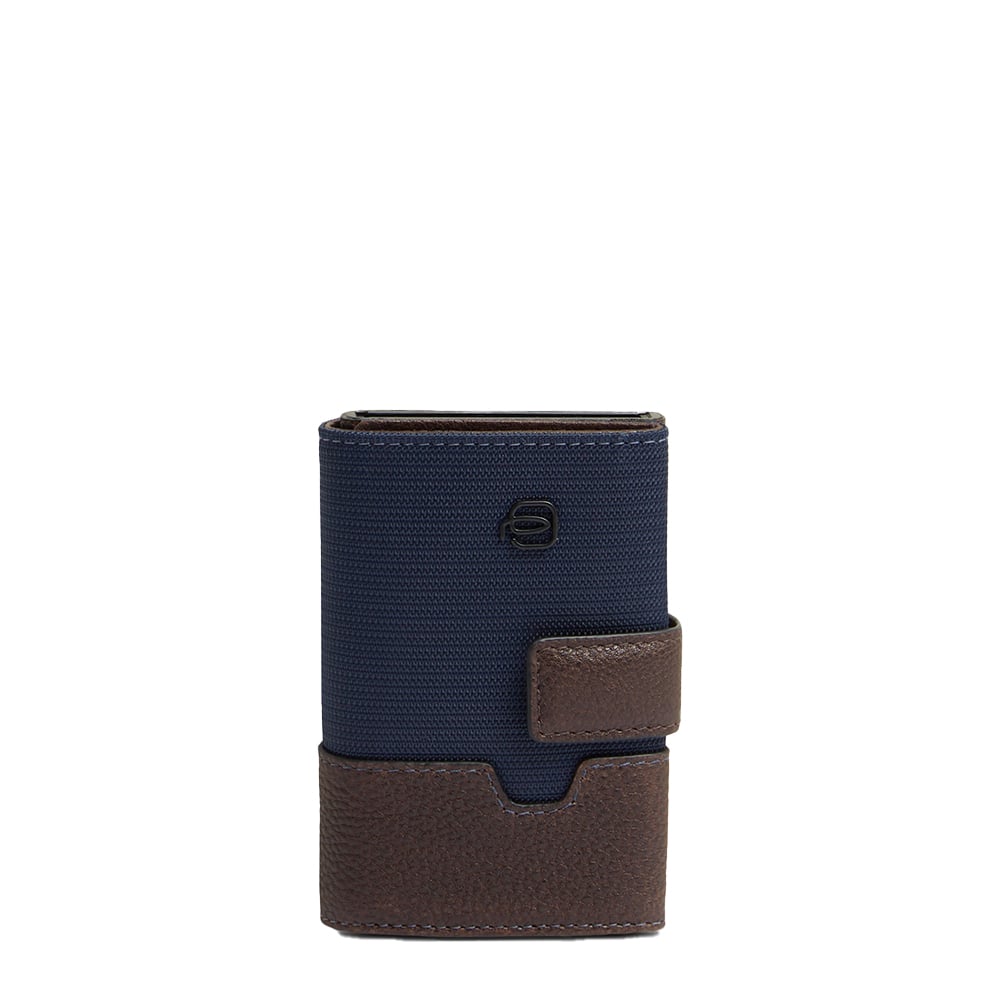 Automatic flap cardholder in leather and recycled fabric with RFID protection PIQUADRO Blue
